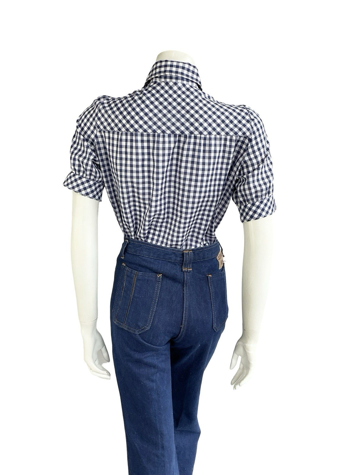 VTG 70S WHITE NAVY BLUE GINGHAM PRAIRIE COTTAGE PUFF SLEEVE DAGGER SHIRT 12