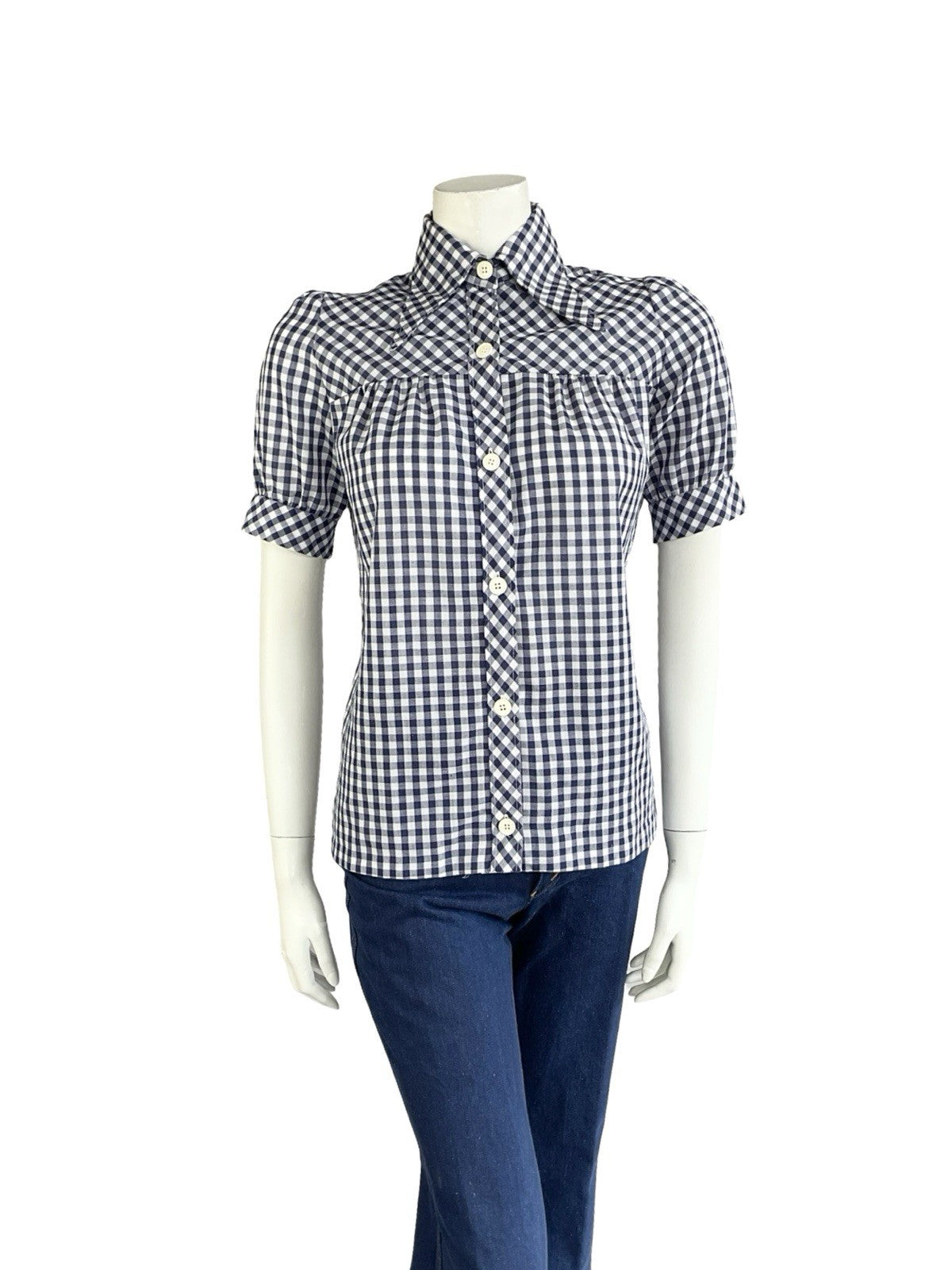 VTG 70S WHITE NAVY BLUE GINGHAM PRAIRIE COTTAGE PUFF SLEEVE DAGGER SHIRT 12