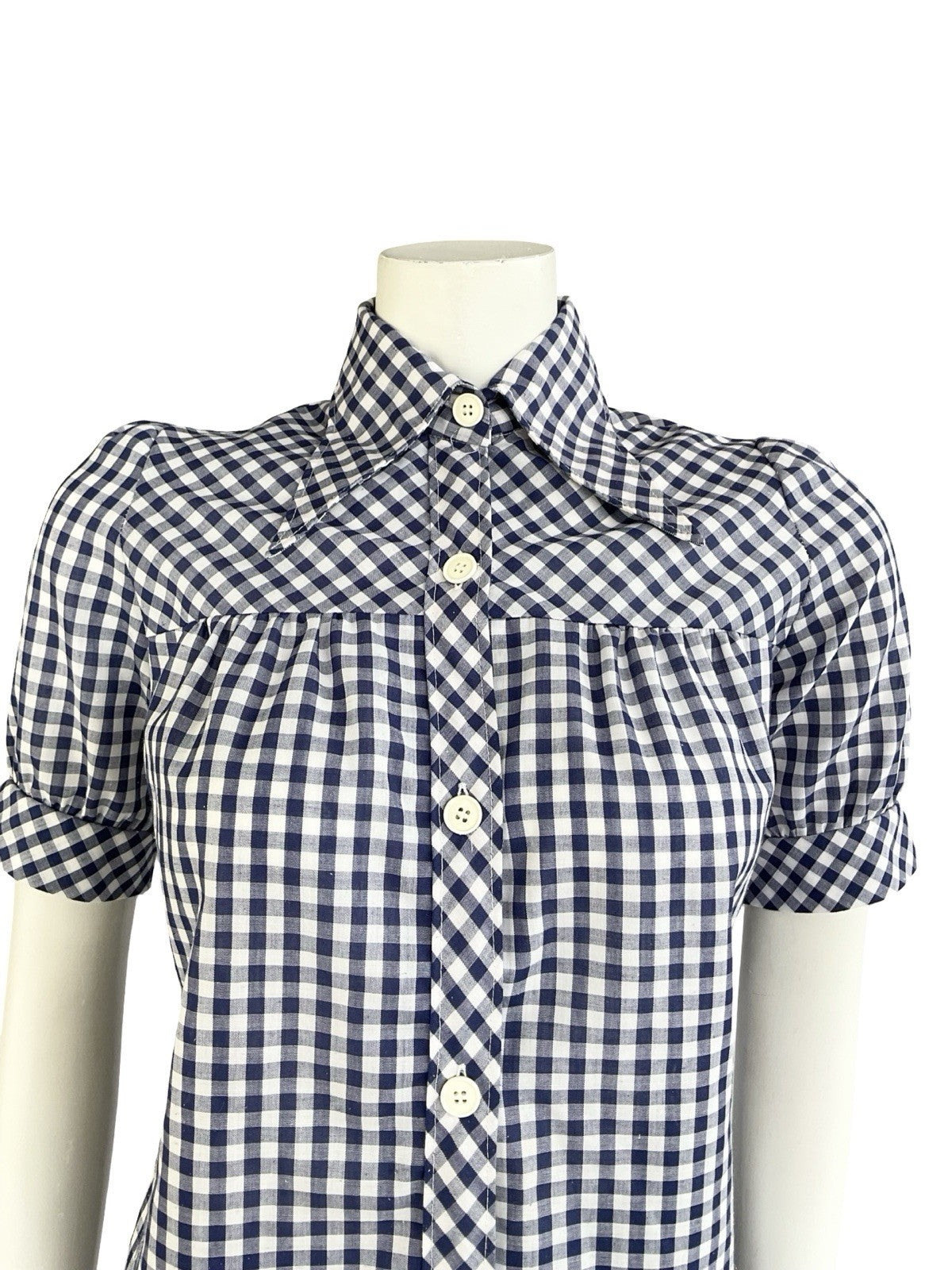 VTG 70S WHITE NAVY BLUE GINGHAM PRAIRIE COTTAGE PUFF SLEEVE DAGGER SHIRT 12