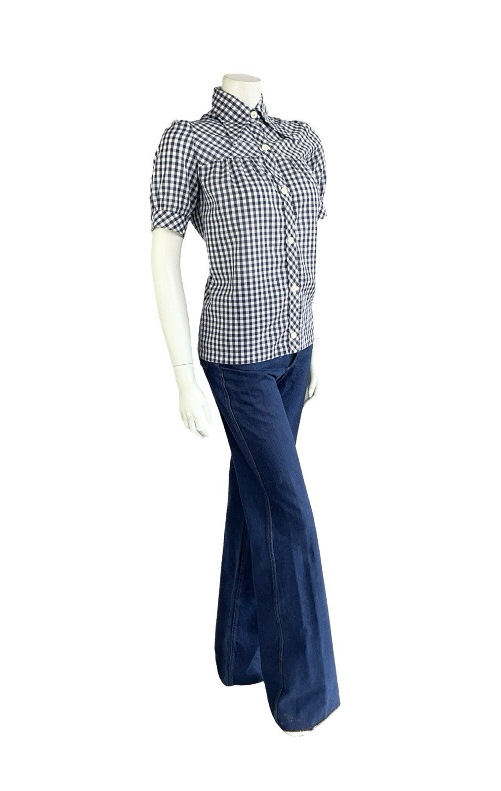 VTG 70S WHITE NAVY BLUE GINGHAM PRAIRIE COTTAGE PUFF SLEEVE DAGGER SHIRT 12