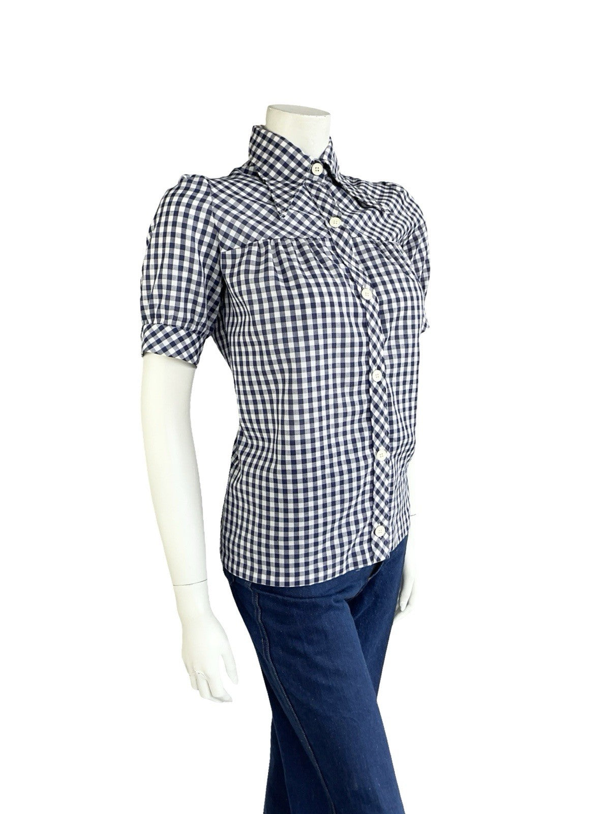 VTG 70S WHITE NAVY BLUE GINGHAM PRAIRIE COTTAGE PUFF SLEEVE DAGGER SHIRT 12