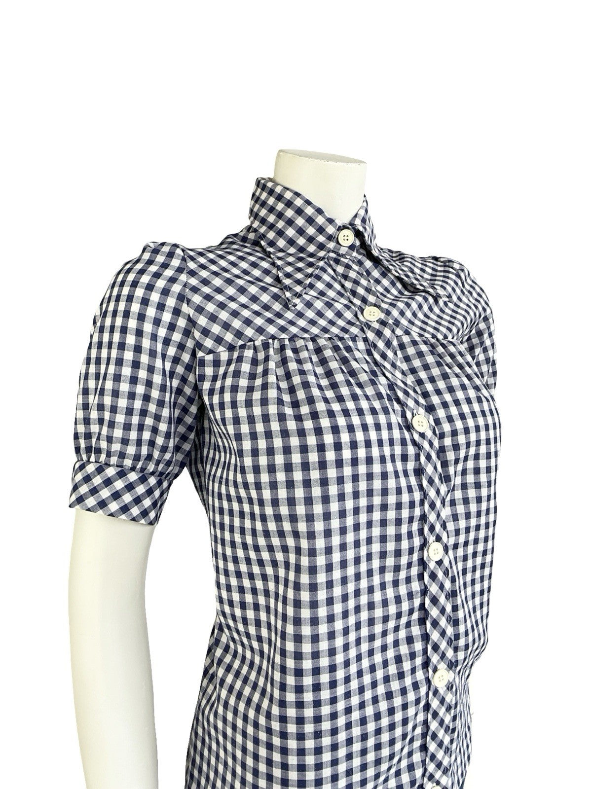 VTG 70S WHITE NAVY BLUE GINGHAM PRAIRIE COTTAGE PUFF SLEEVE DAGGER SHIRT 12