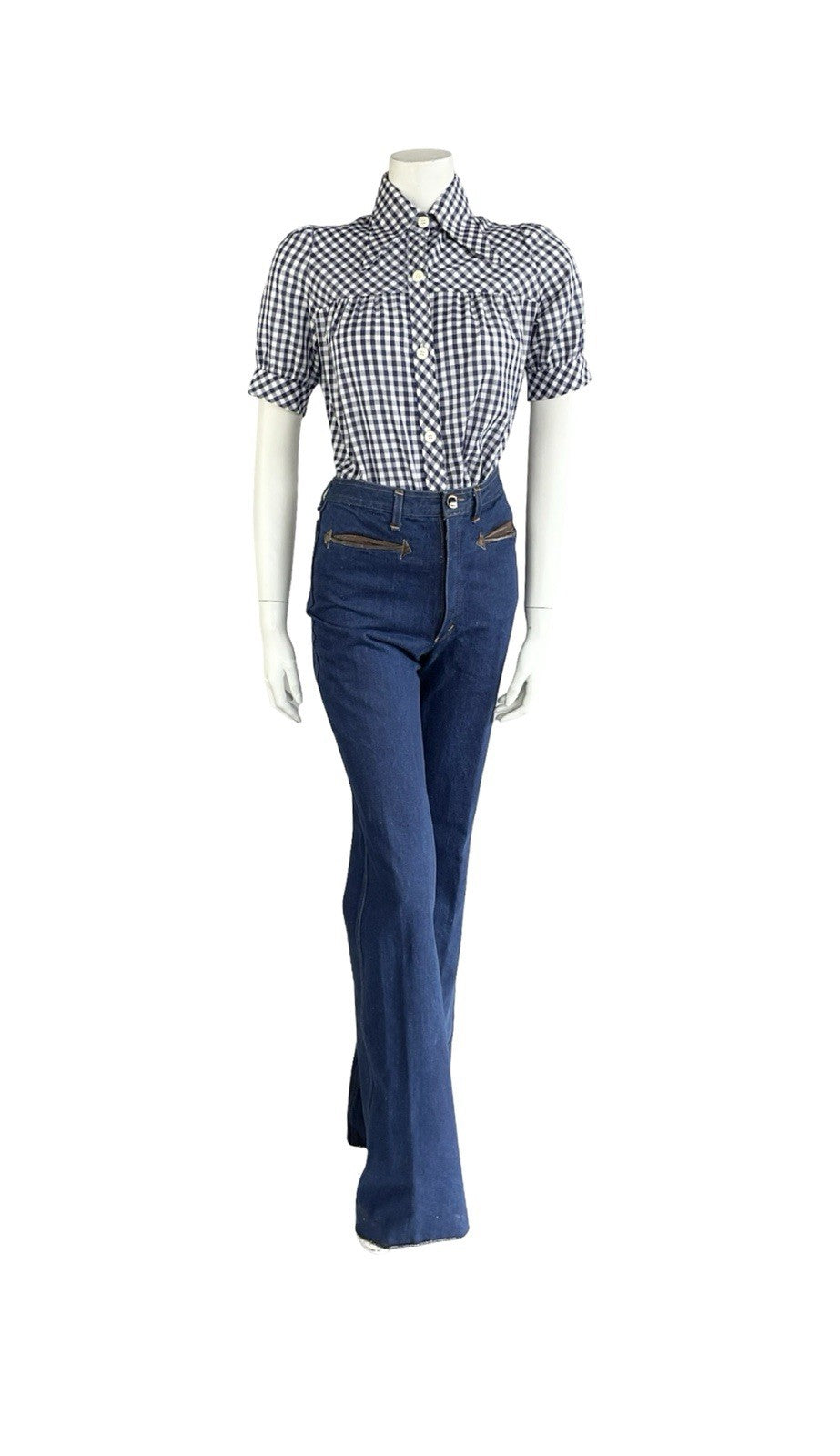 VTG 70S WHITE NAVY BLUE GINGHAM PRAIRIE COTTAGE PUFF SLEEVE DAGGER SHIRT 12