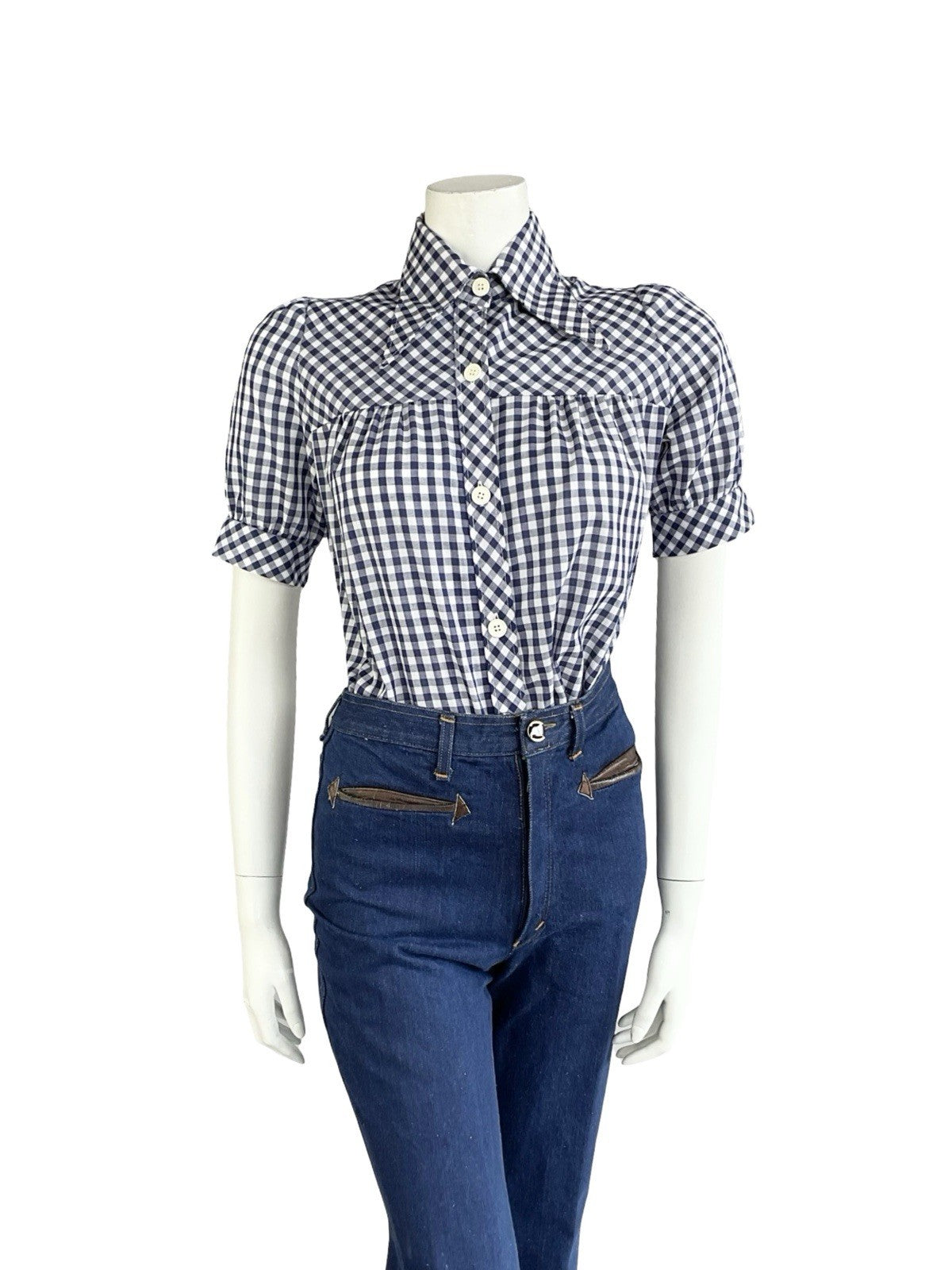 VTG 70S WHITE NAVY BLUE GINGHAM PRAIRIE COTTAGE PUFF SLEEVE DAGGER SHIRT 12