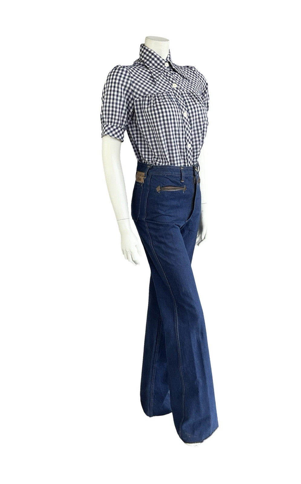 VTG 70S WHITE NAVY BLUE GINGHAM PRAIRIE COTTAGE PUFF SLEEVE DAGGER SHIRT 12