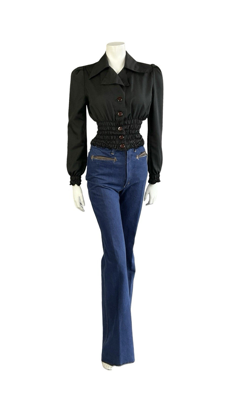 VTG 70S BLACK DISCO RUCHED BLOUSON ELASTICATED WAIST DAGGER NOTCH LAPEL SHIRT 8