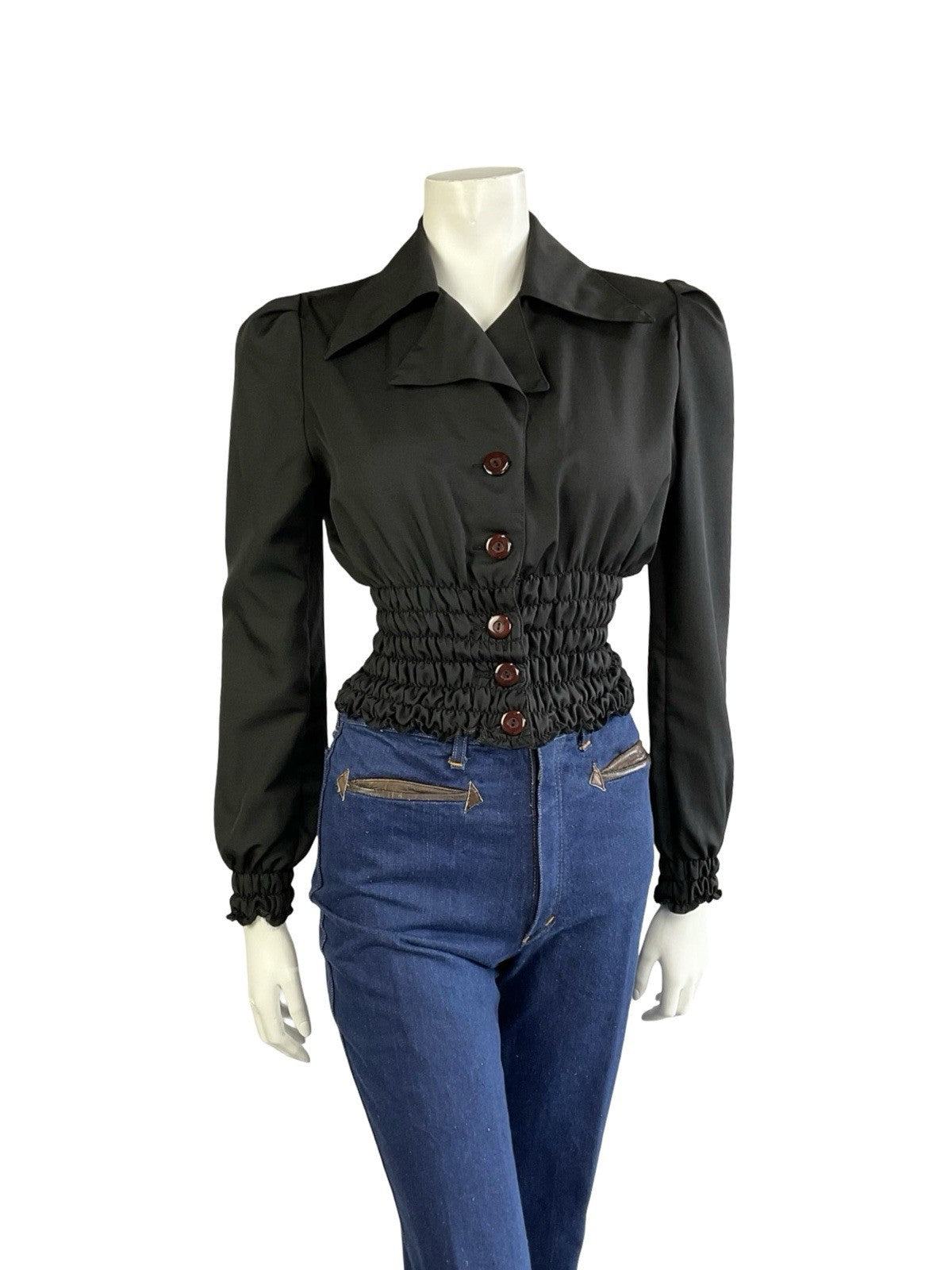 VTG 70S BLACK DISCO RUCHED BLOUSON ELASTICATED WAIST DAGGER NOTCH LAPEL SHIRT 8