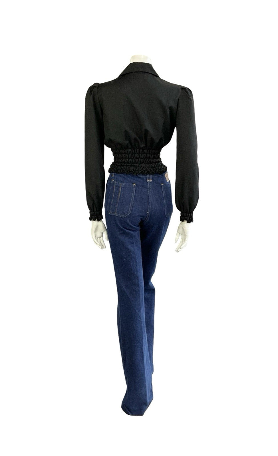 VTG 70S BLACK DISCO RUCHED BLOUSON ELASTICATED WAIST DAGGER NOTCH LAPEL SHIRT 8