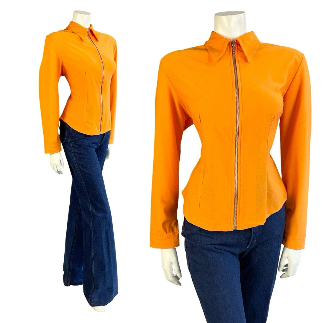 VTG 60S SPACE AGE MOD GOGO BRIGHT ORANGE ZIP UP DAGGER COLLAR SHIRT 12 14 M