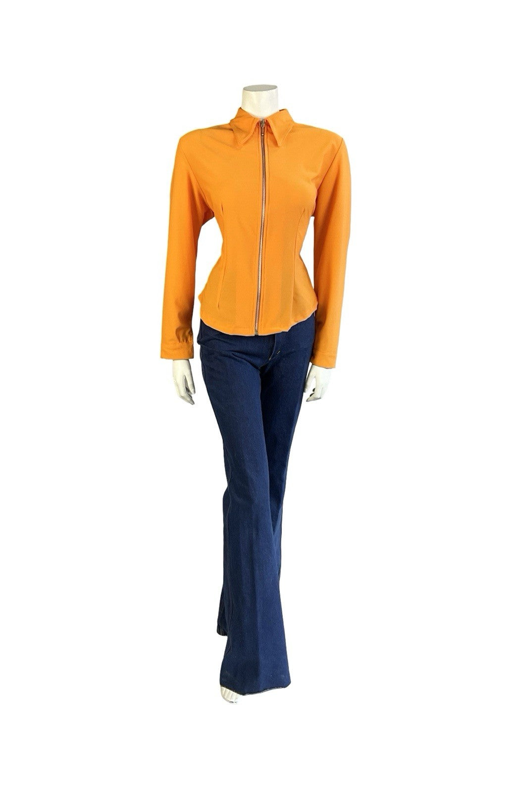 VTG 60S SPACE AGE MOD GOGO BRIGHT ORANGE ZIP UP DAGGER COLLAR SHIRT 12 14 M