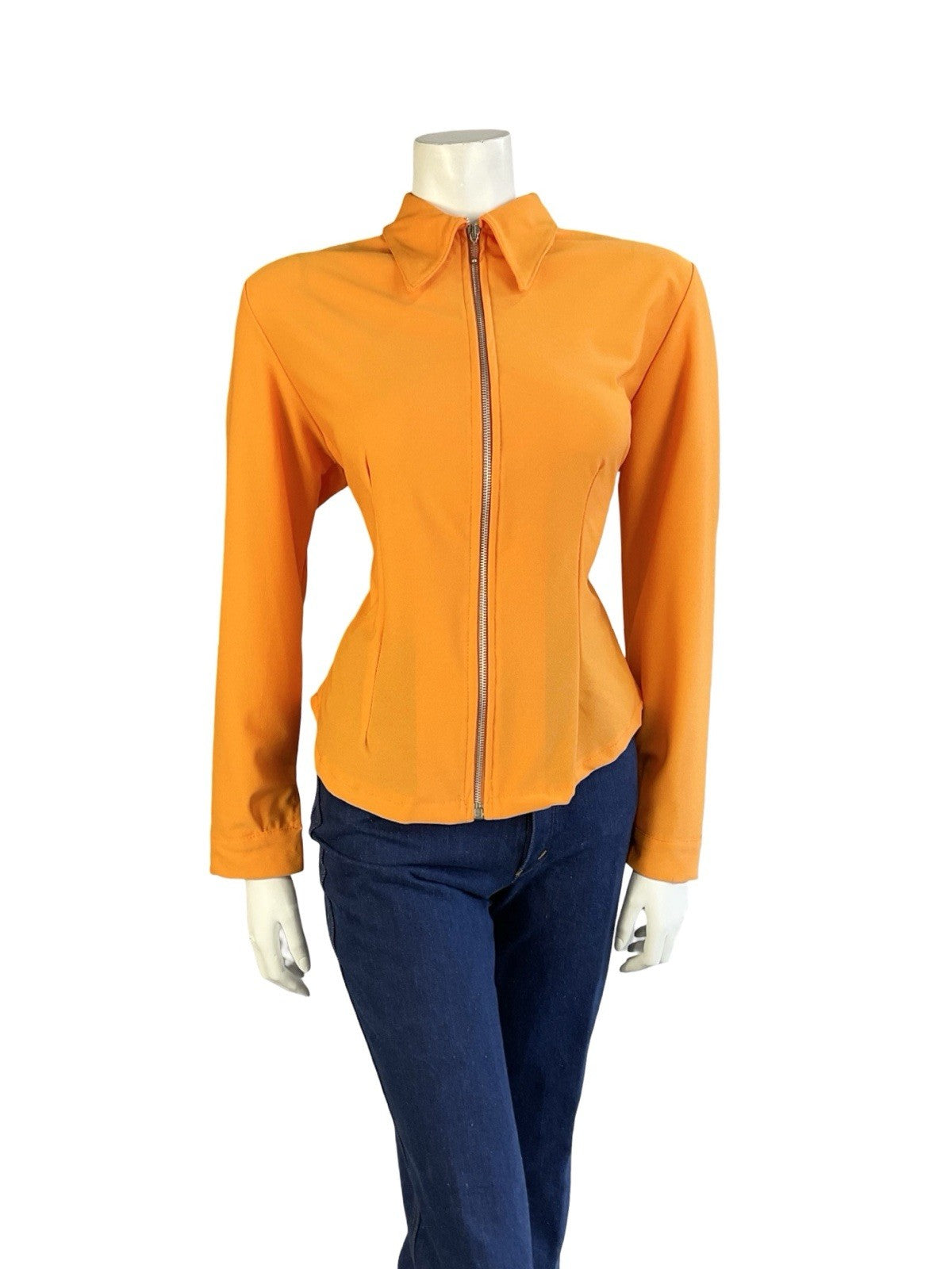 VTG 60S SPACE AGE MOD GOGO BRIGHT ORANGE ZIP UP DAGGER COLLAR SHIRT 12 14 M