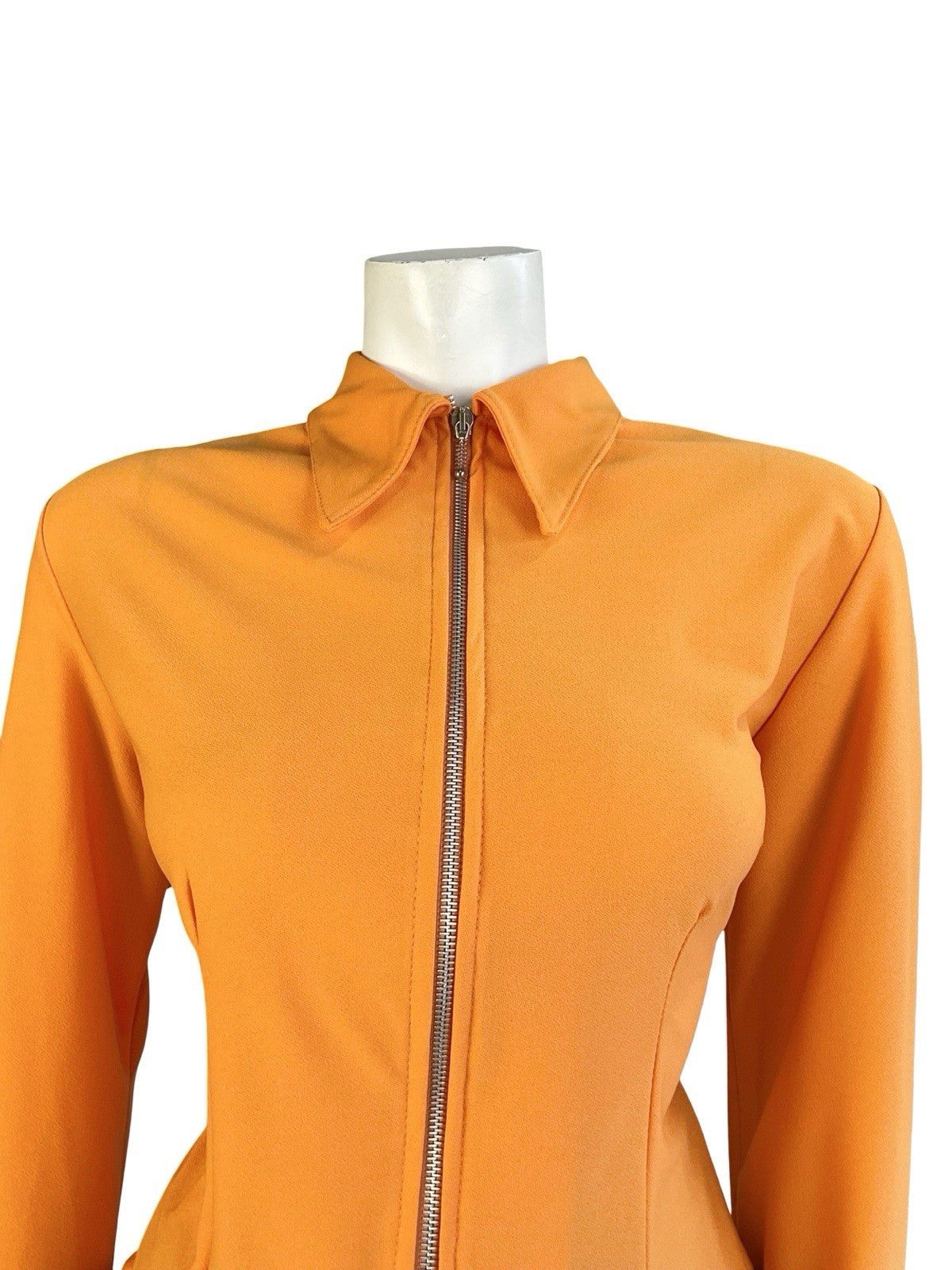 VTG 60S SPACE AGE MOD GOGO BRIGHT ORANGE ZIP UP DAGGER COLLAR SHIRT 12 14 M