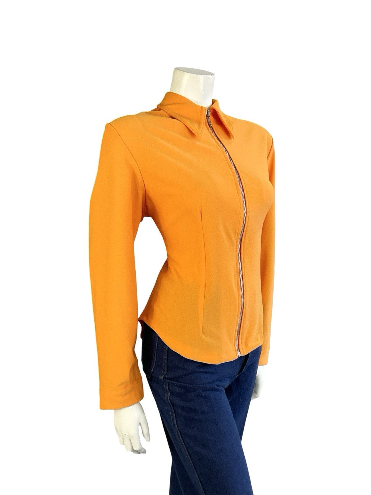 VTG 60S SPACE AGE MOD GOGO BRIGHT ORANGE ZIP UP DAGGER COLLAR SHIRT 12 14 M
