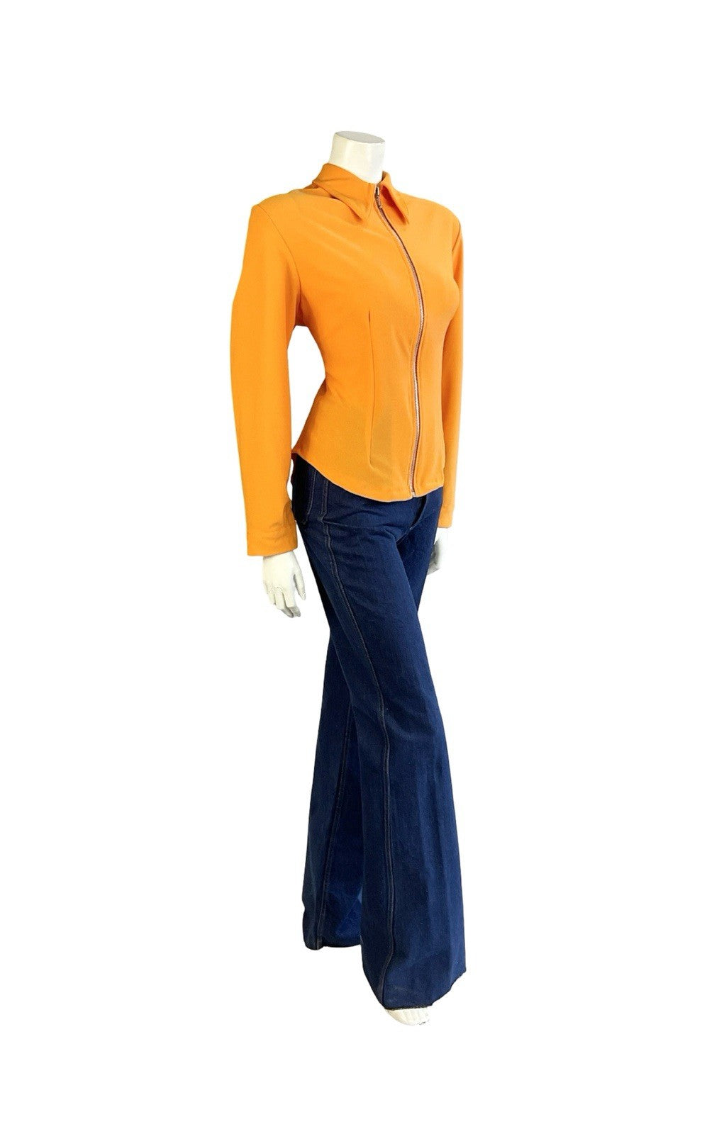 VTG 60S SPACE AGE MOD GOGO BRIGHT ORANGE ZIP UP DAGGER COLLAR SHIRT 12 14 M
