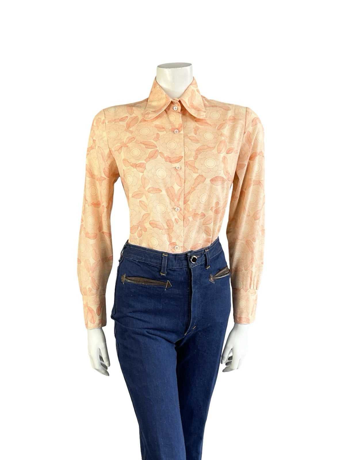 VTG 60S 70S ORANGE PEACH GEOMETRIC PSYCH FLORAL DOG EAR BEAGLE COLLAR SHIRT 12