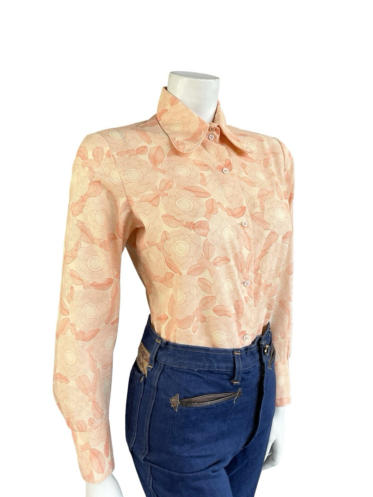VTG 60S 70S ORANGE PEACH GEOMETRIC PSYCH FLORAL DOG EAR BEAGLE COLLAR SHIRT 12
