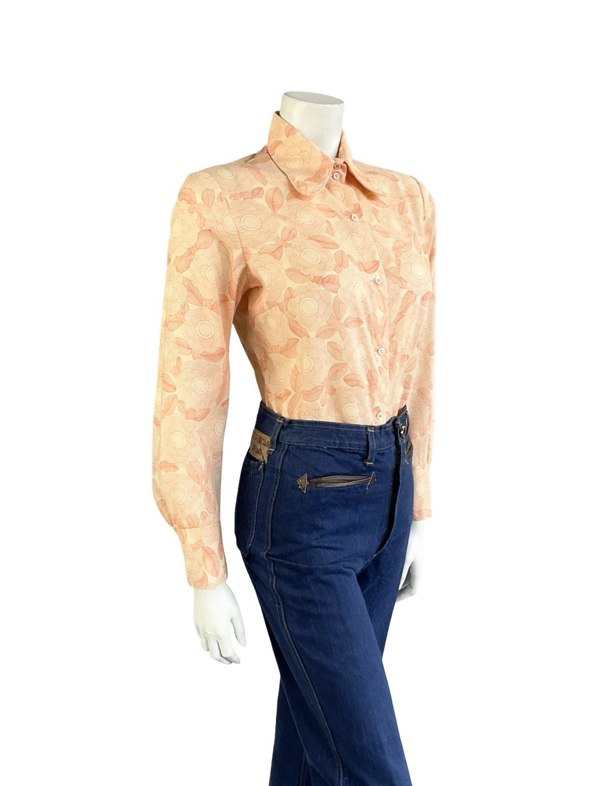 VTG 60S 70S ORANGE PEACH GEOMETRIC PSYCH FLORAL DOG EAR BEAGLE COLLAR SHIRT 12