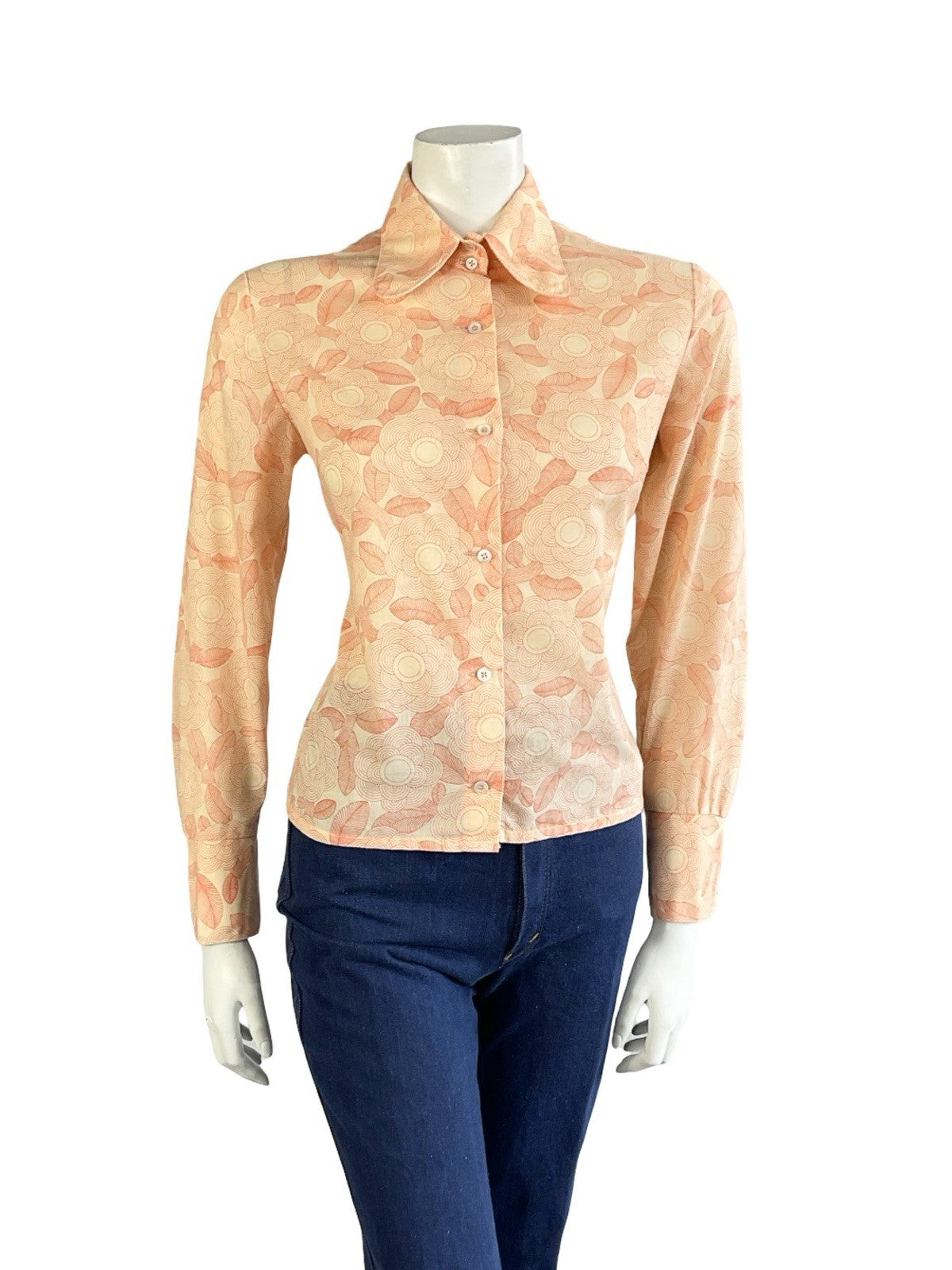 VTG 60S 70S ORANGE PEACH GEOMETRIC PSYCH FLORAL DOG EAR BEAGLE COLLAR SHIRT 12