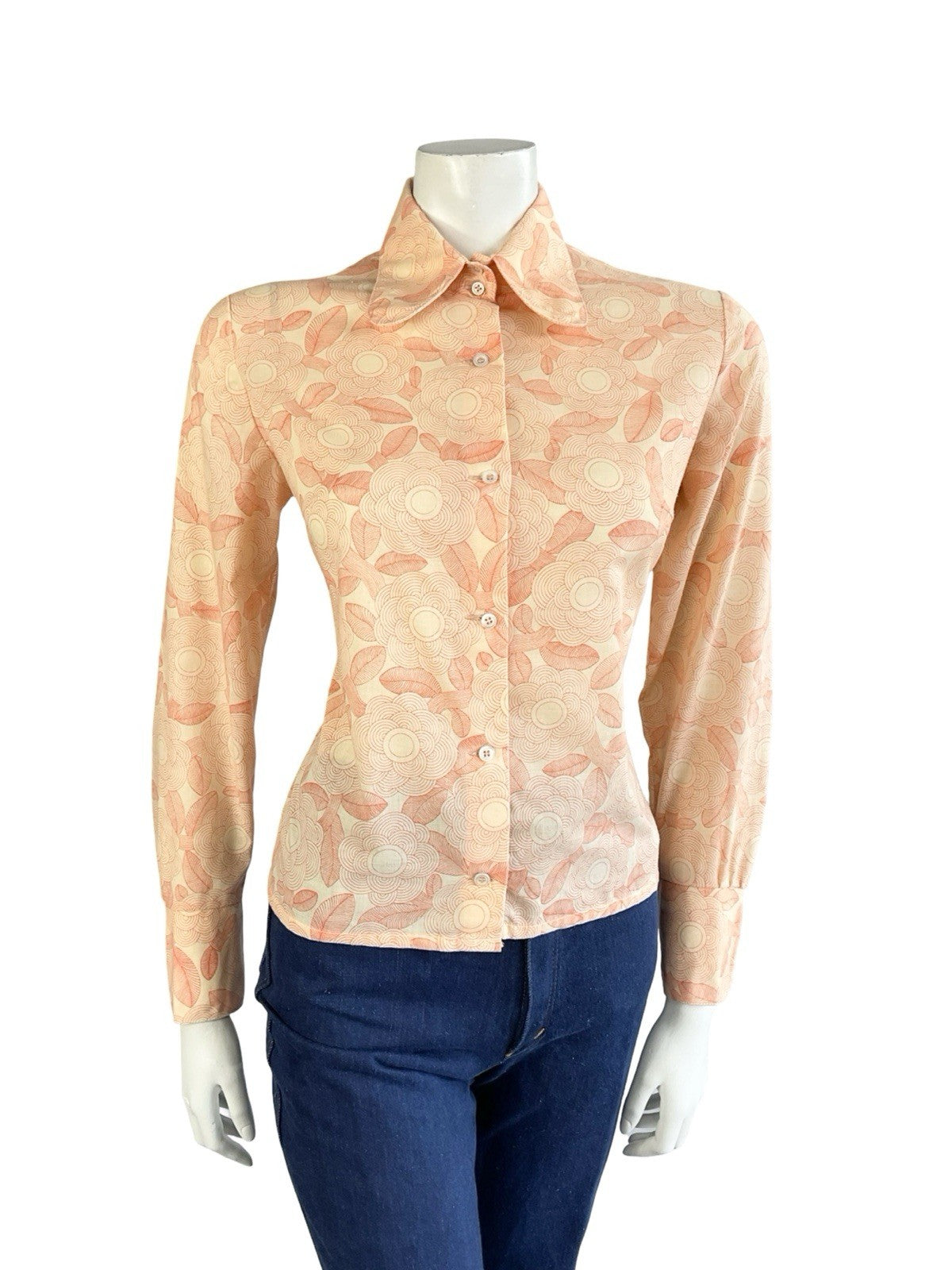 VTG 60S 70S ORANGE PEACH GEOMETRIC PSYCH FLORAL DOG EAR BEAGLE COLLAR SHIRT 12