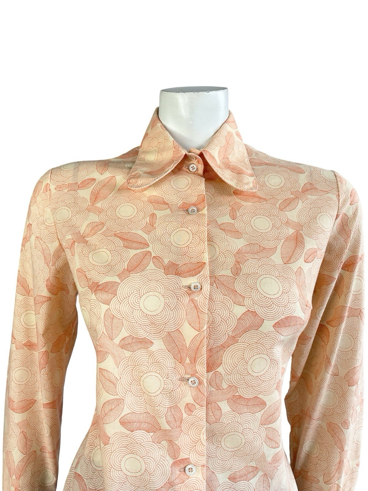 VTG 60S 70S ORANGE PEACH GEOMETRIC PSYCH FLORAL DOG EAR BEAGLE COLLAR SHIRT 12