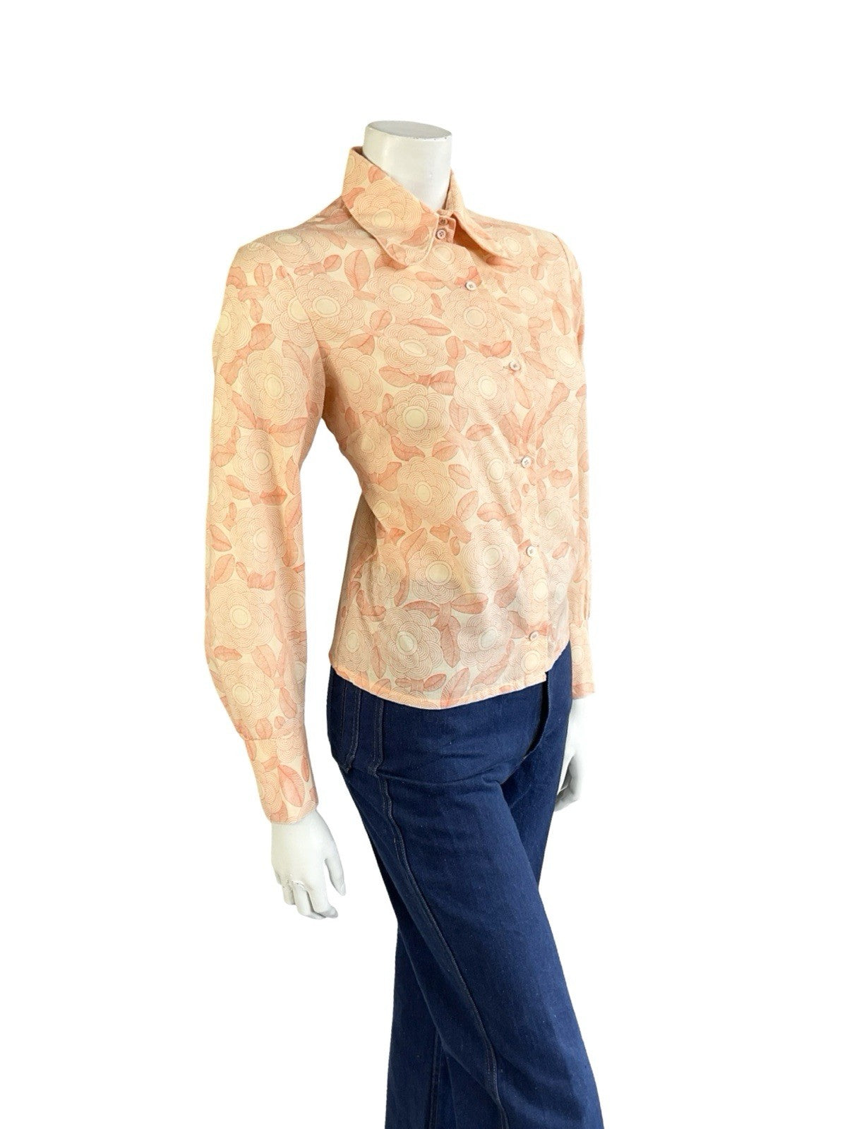 VTG 60S 70S ORANGE PEACH GEOMETRIC PSYCH FLORAL DOG EAR BEAGLE COLLAR SHIRT 12