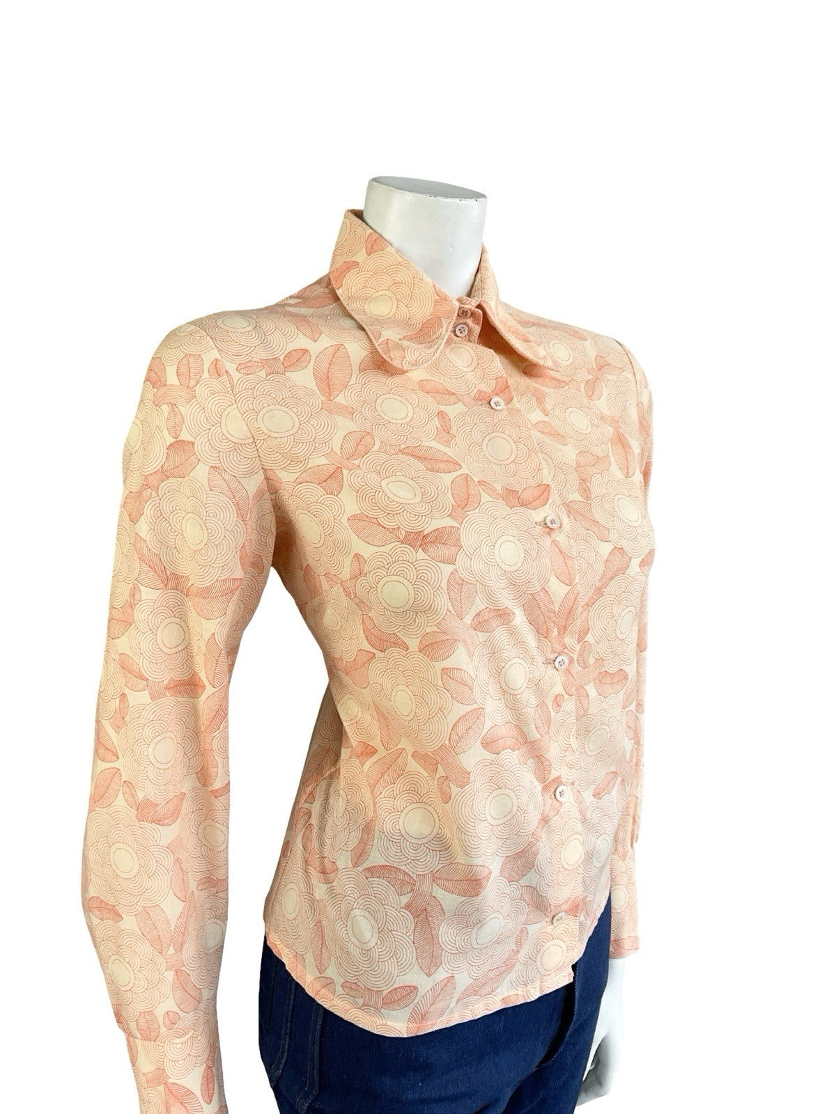 VTG 60S 70S ORANGE PEACH GEOMETRIC PSYCH FLORAL DOG EAR BEAGLE COLLAR SHIRT 12
