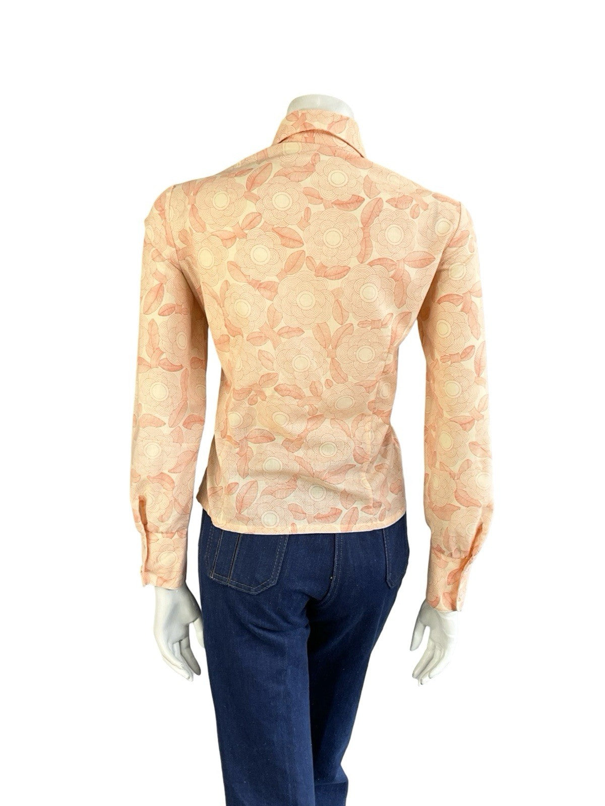 VTG 60S 70S ORANGE PEACH GEOMETRIC PSYCH FLORAL DOG EAR BEAGLE COLLAR SHIRT 12