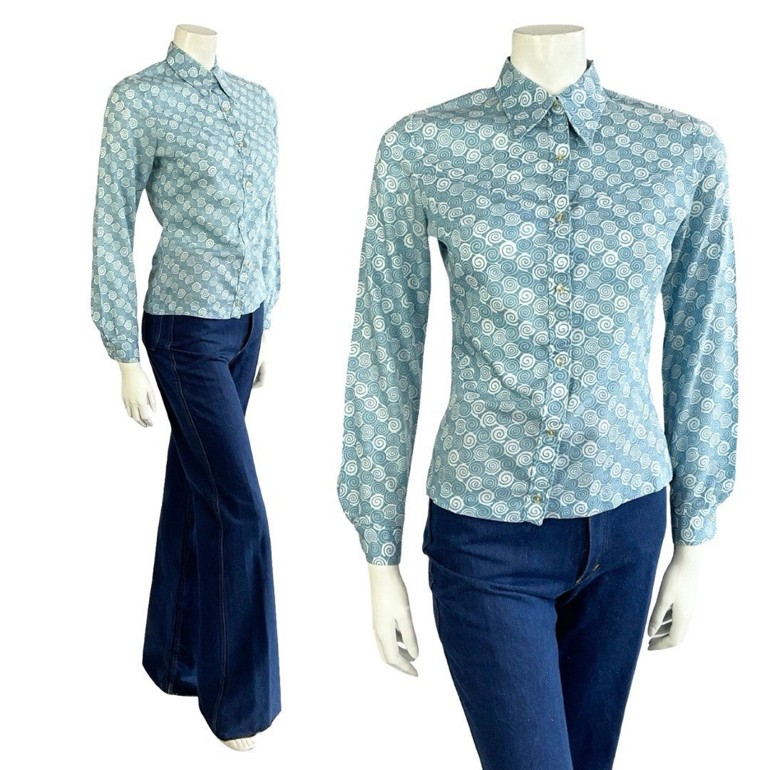 VTG 60S 70S LIGHT BLUE SPIRAL GEOMETRIC SWIRL DAGGER COLLAR SHIRT 10