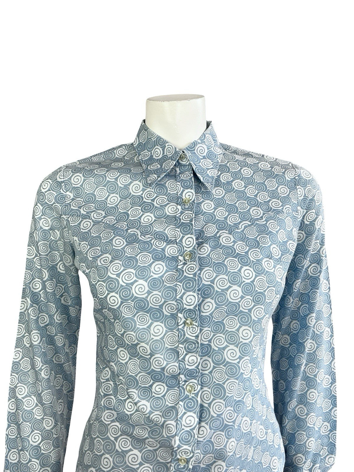 VTG 60S 70S LIGHT BLUE SPIRAL GEOMETRIC SWIRL DAGGER COLLAR SHIRT 10