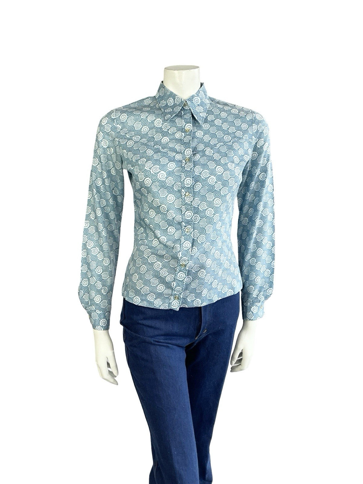 VTG 60S 70S LIGHT BLUE SPIRAL GEOMETRIC SWIRL DAGGER COLLAR SHIRT 10