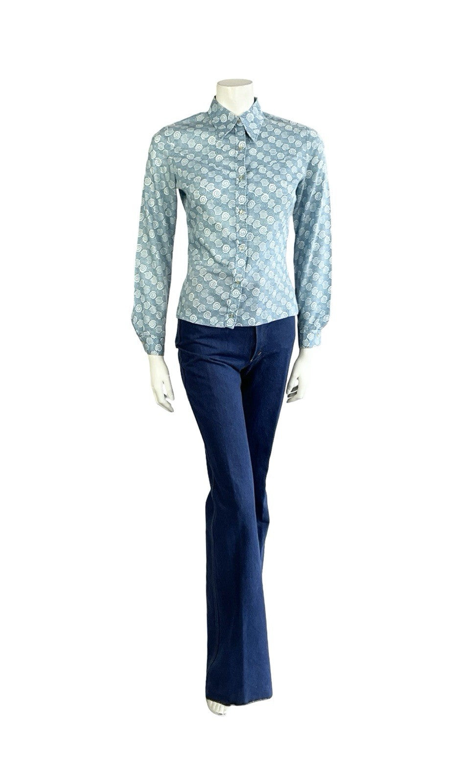 VTG 60S 70S LIGHT BLUE SPIRAL GEOMETRIC SWIRL DAGGER COLLAR SHIRT 10