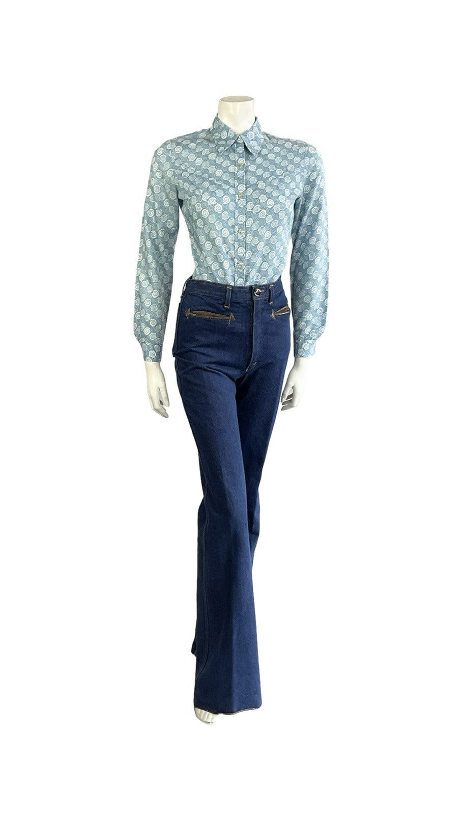VTG 60S 70S LIGHT BLUE SPIRAL GEOMETRIC SWIRL DAGGER COLLAR SHIRT 10