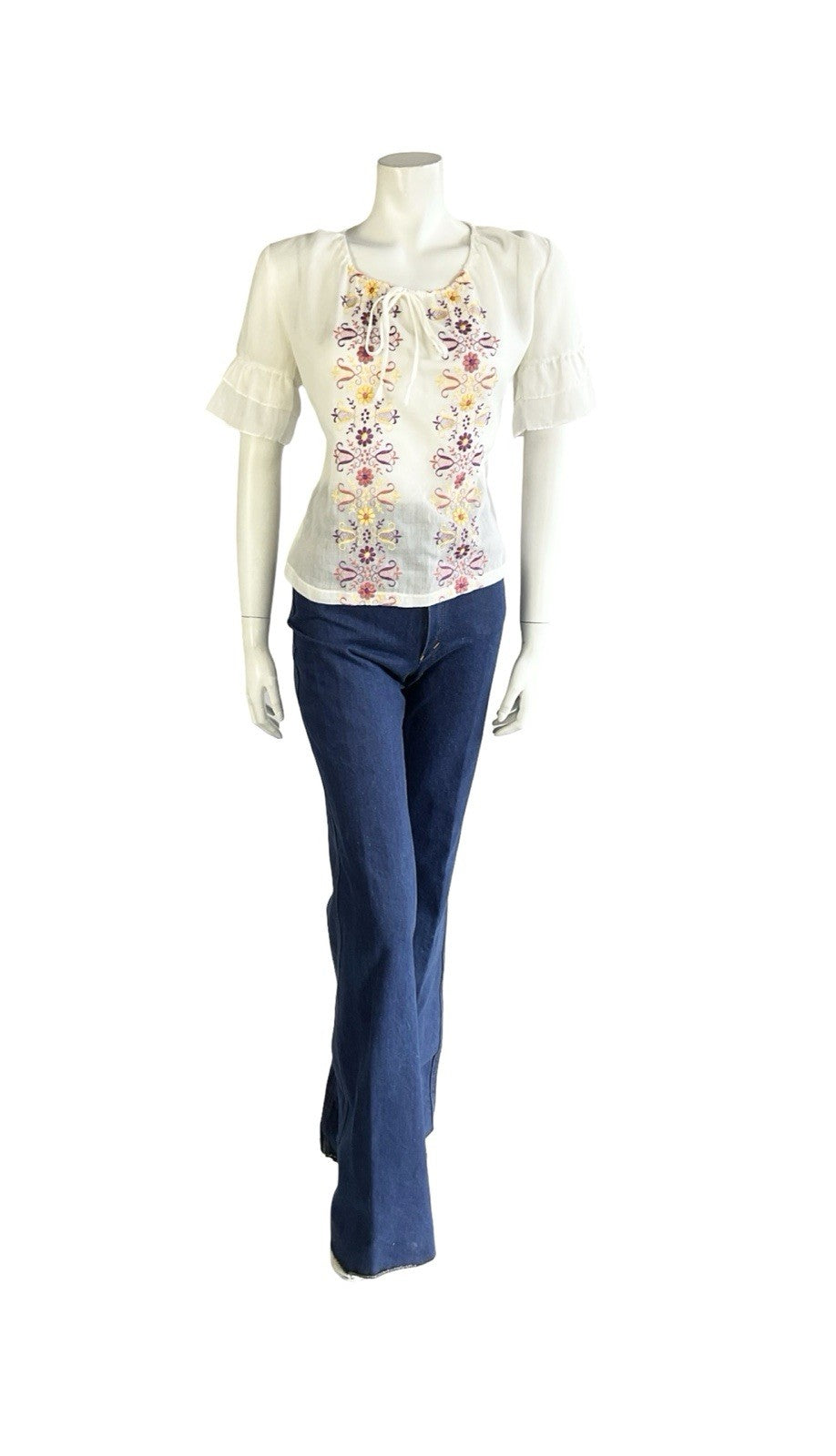 VTG 60S 70S WHITE PURPLE PINK YELLOW FOLK FLORAL EMBROIDERED RUFFLE BLOUSE 12 10