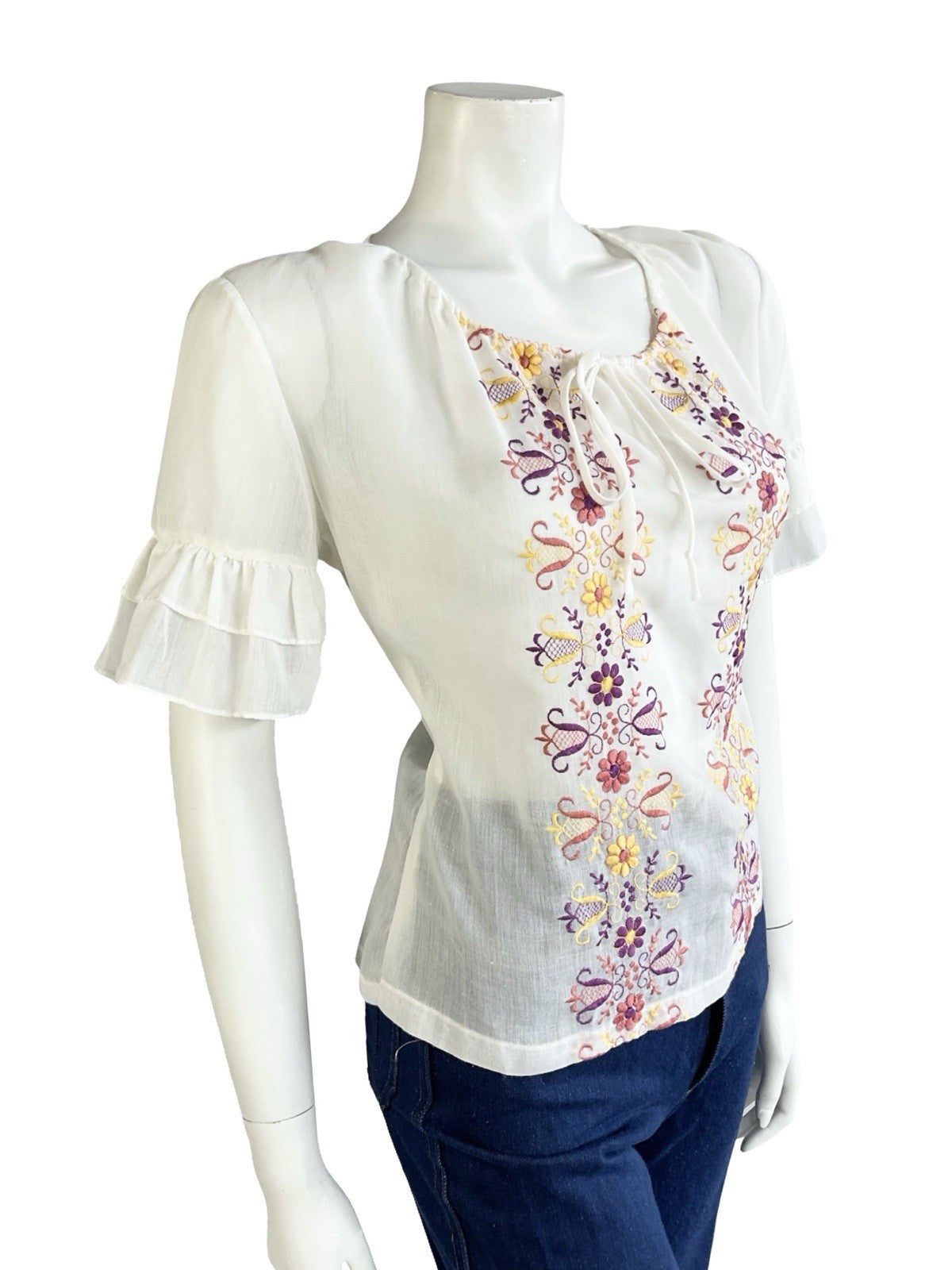 VTG 60S 70S WHITE PURPLE PINK YELLOW FOLK FLORAL EMBROIDERED RUFFLE BLOUSE 12 10