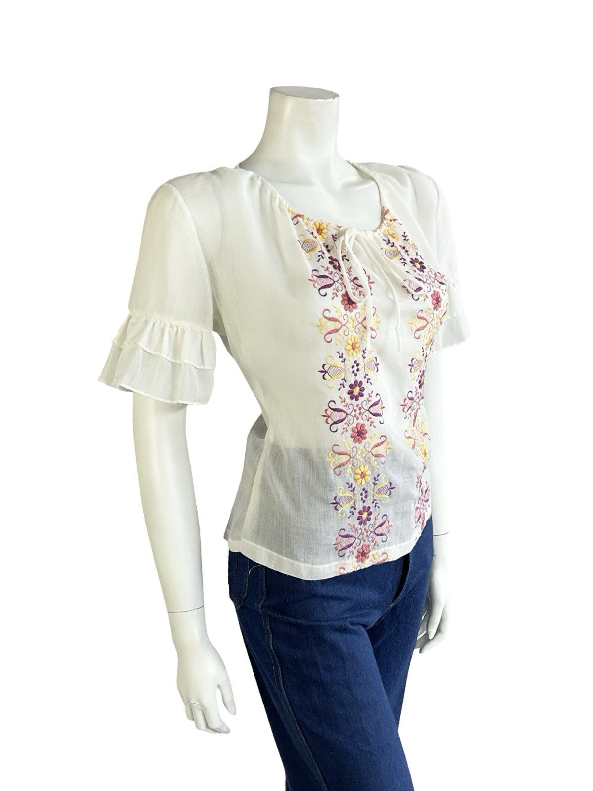 VTG 60S 70S WHITE PURPLE PINK YELLOW FOLK FLORAL EMBROIDERED RUFFLE BLOUSE 12 10