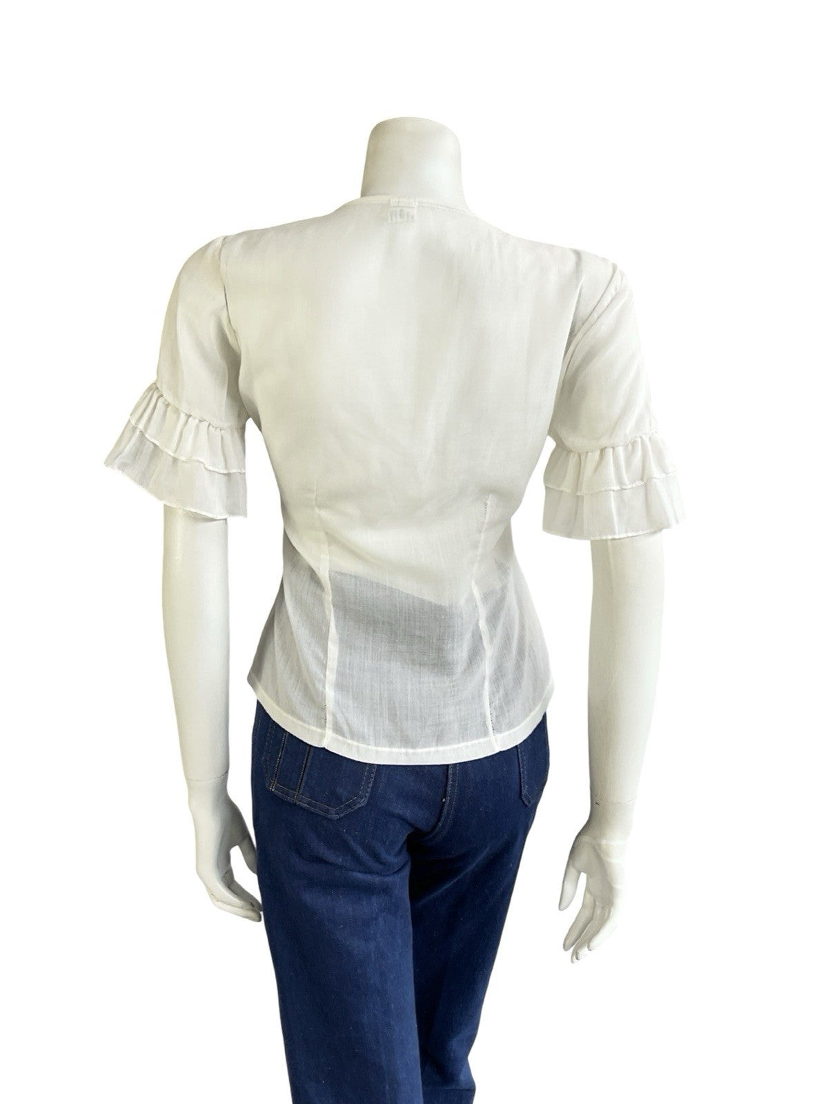 VTG 60S 70S WHITE PURPLE PINK YELLOW FOLK FLORAL EMBROIDERED RUFFLE BLOUSE 12 10