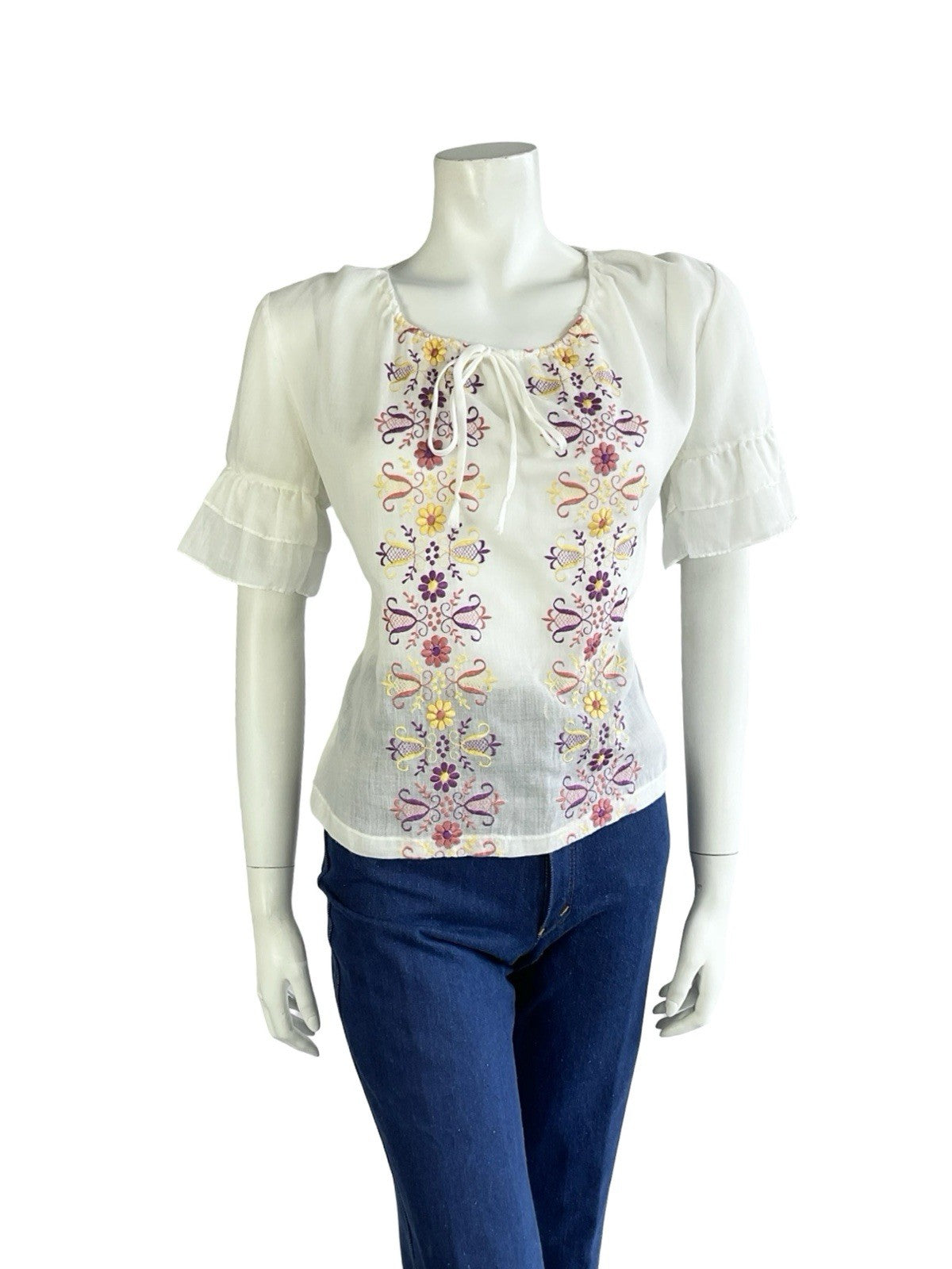 VTG 60S 70S WHITE PURPLE PINK YELLOW FOLK FLORAL EMBROIDERED RUFFLE BLOUSE 12 10