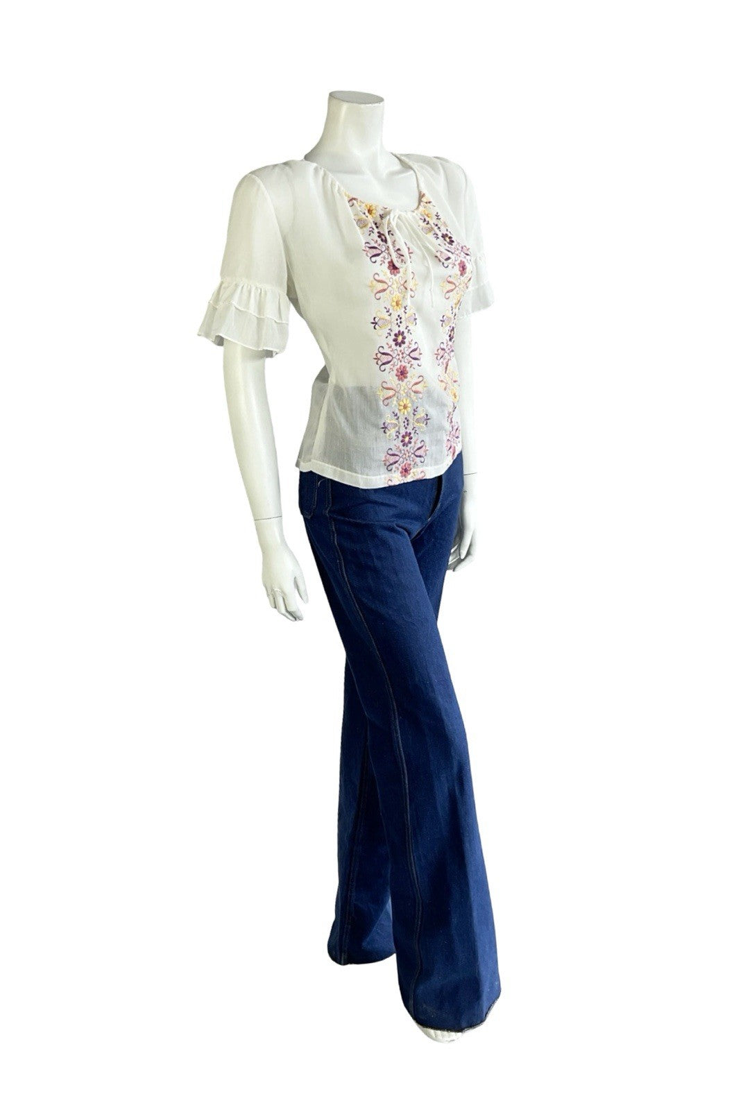 VTG 60S 70S WHITE PURPLE PINK YELLOW FOLK FLORAL EMBROIDERED RUFFLE BLOUSE 12 10