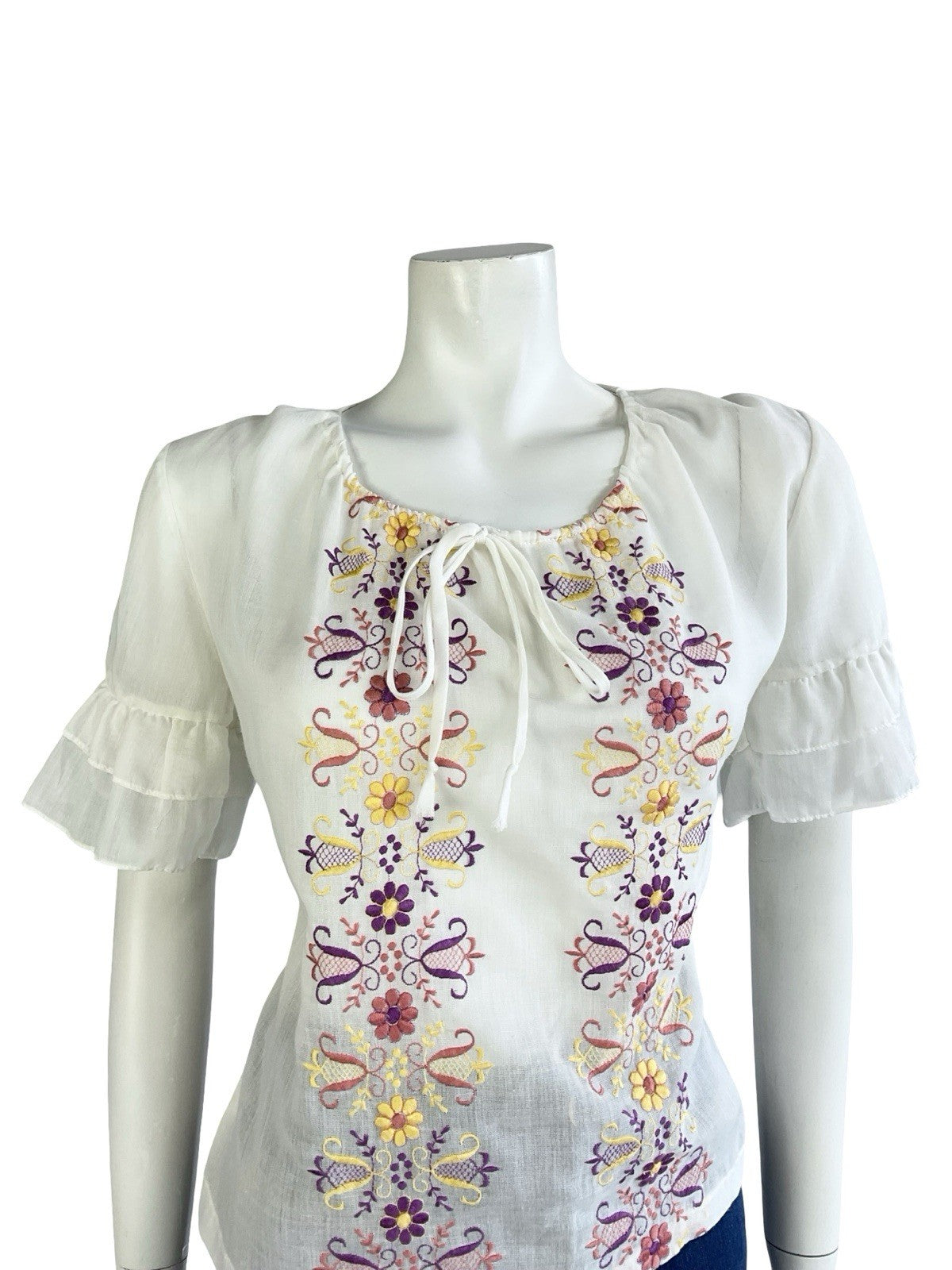 VTG 60S 70S WHITE PURPLE PINK YELLOW FOLK FLORAL EMBROIDERED RUFFLE BLOUSE 12 10