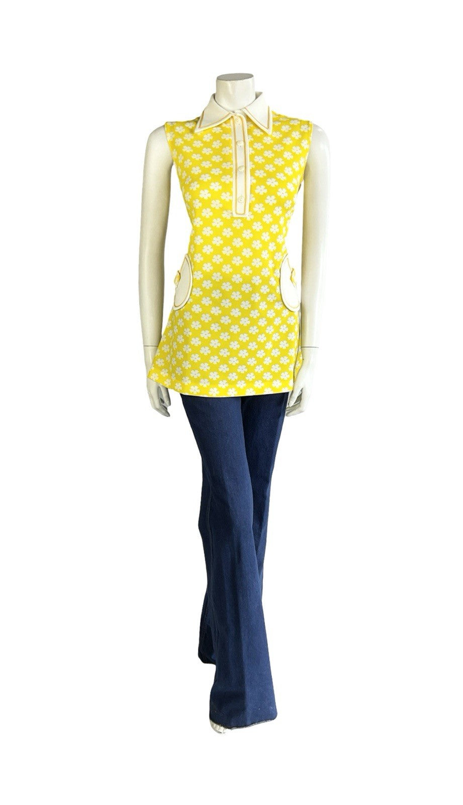 VTG 60S 70S YELLOW WHITE MOD DAISY FLORAL DAGGER COLLAR TANK SHIRT 12 14 M