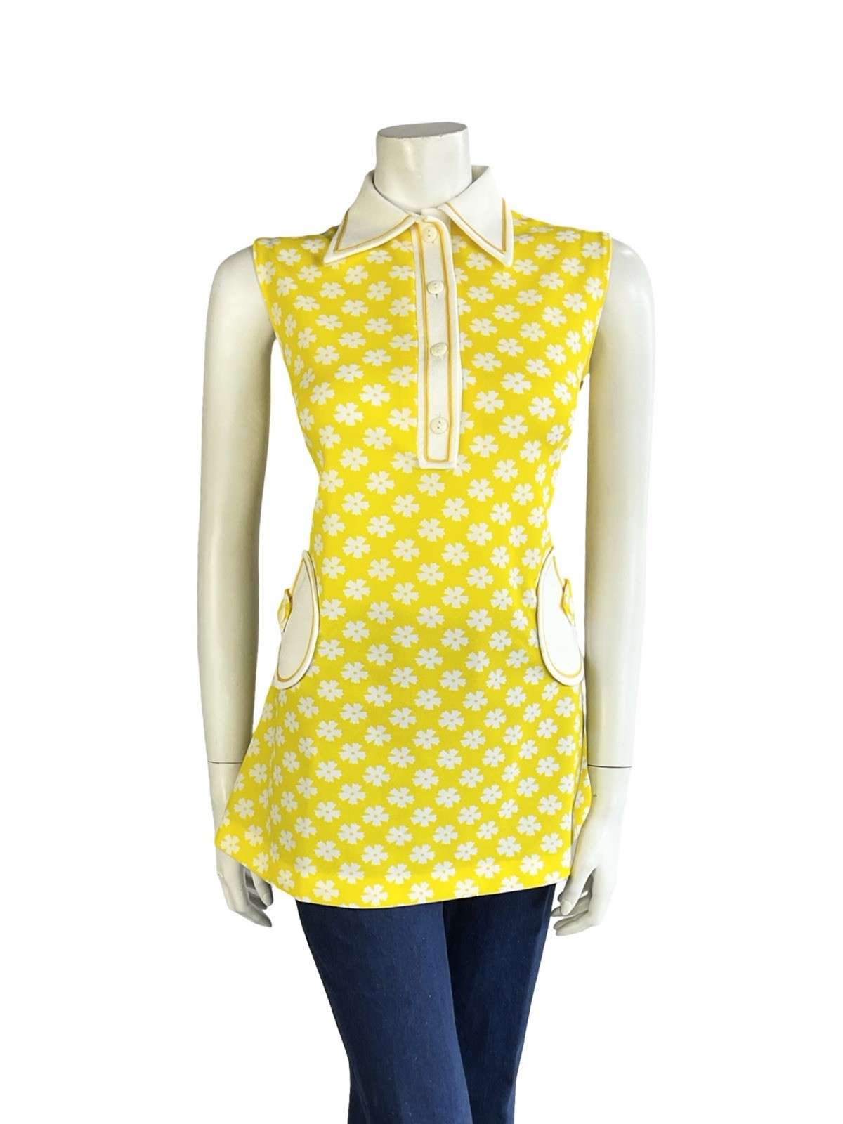 VTG 60S 70S YELLOW WHITE MOD DAISY FLORAL DAGGER COLLAR TANK SHIRT 12 14 M