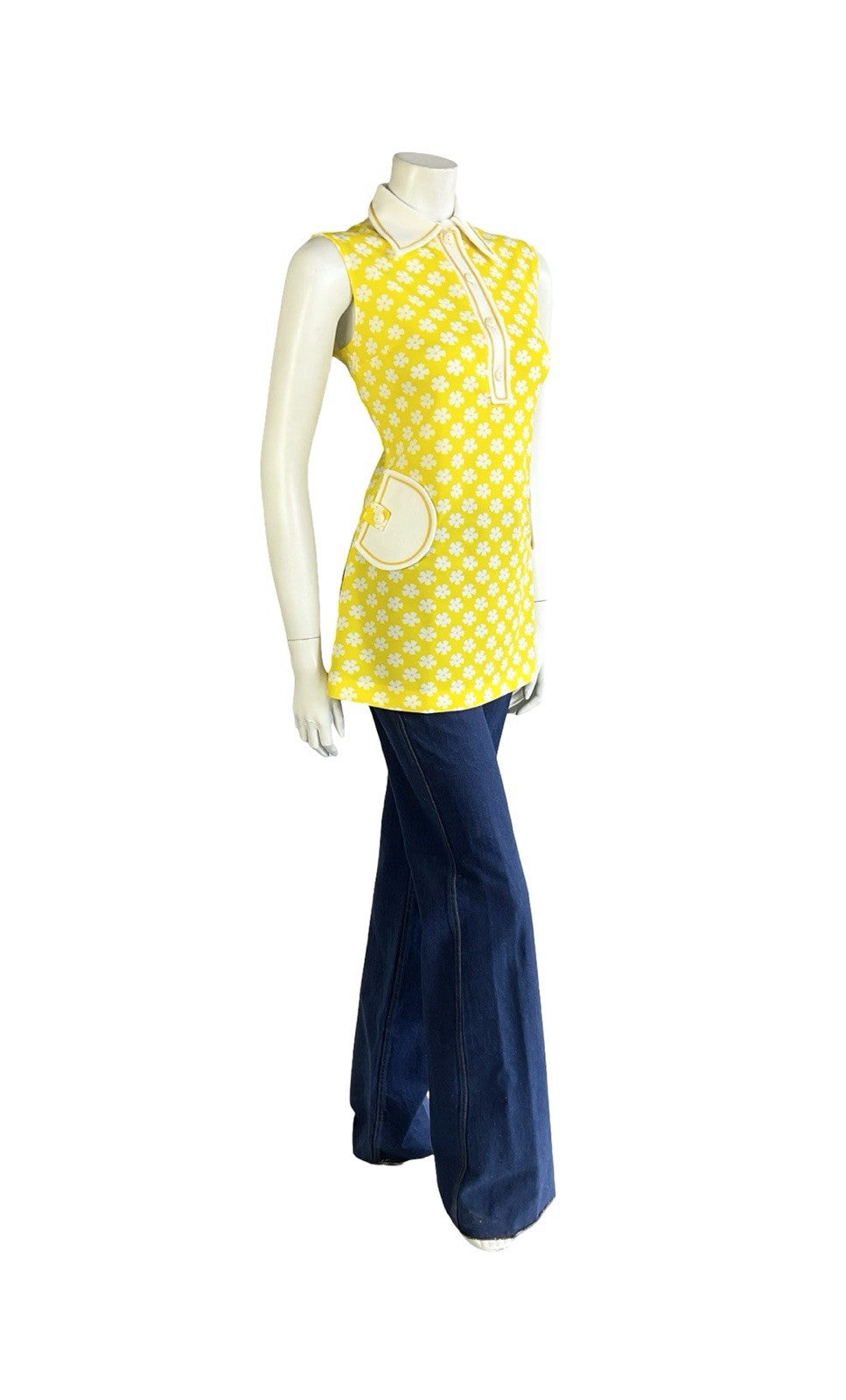 VTG 60S 70S YELLOW WHITE MOD DAISY FLORAL DAGGER COLLAR TANK SHIRT 12 14 M
