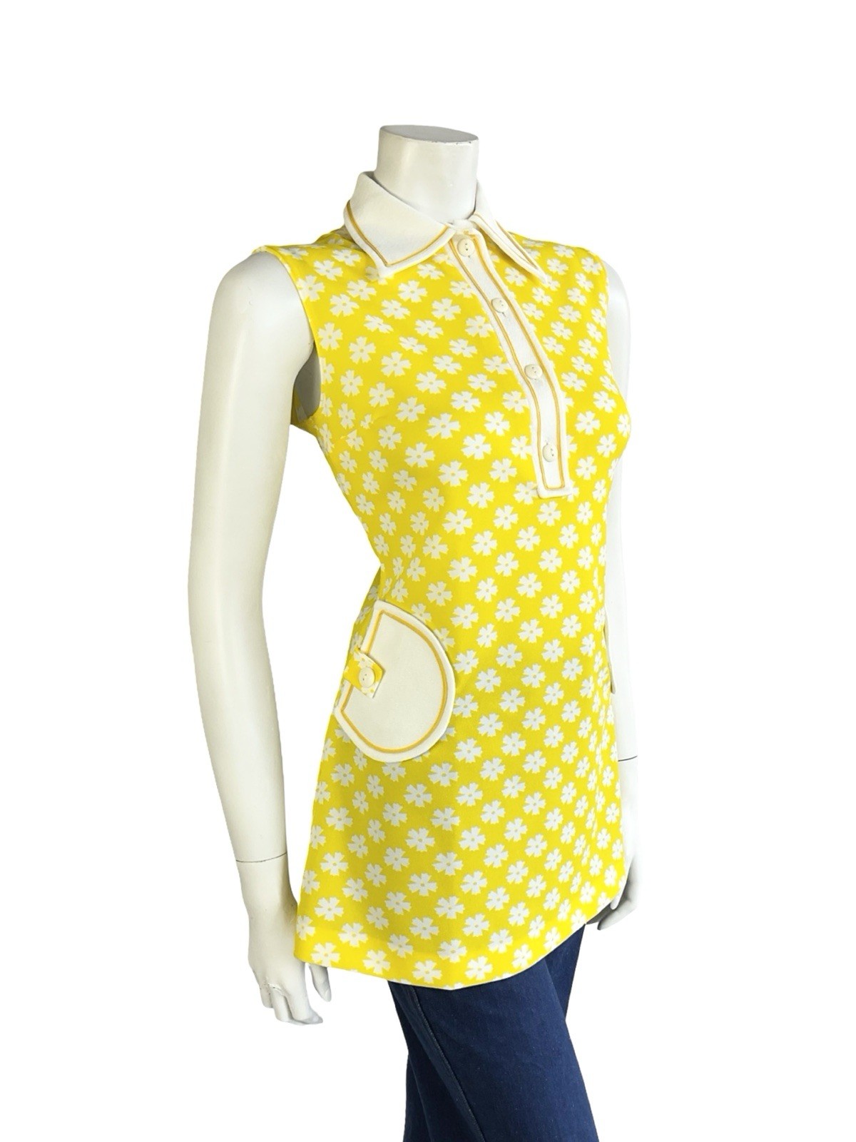 VTG 60S 70S YELLOW WHITE MOD DAISY FLORAL DAGGER COLLAR TANK SHIRT 12 14 M