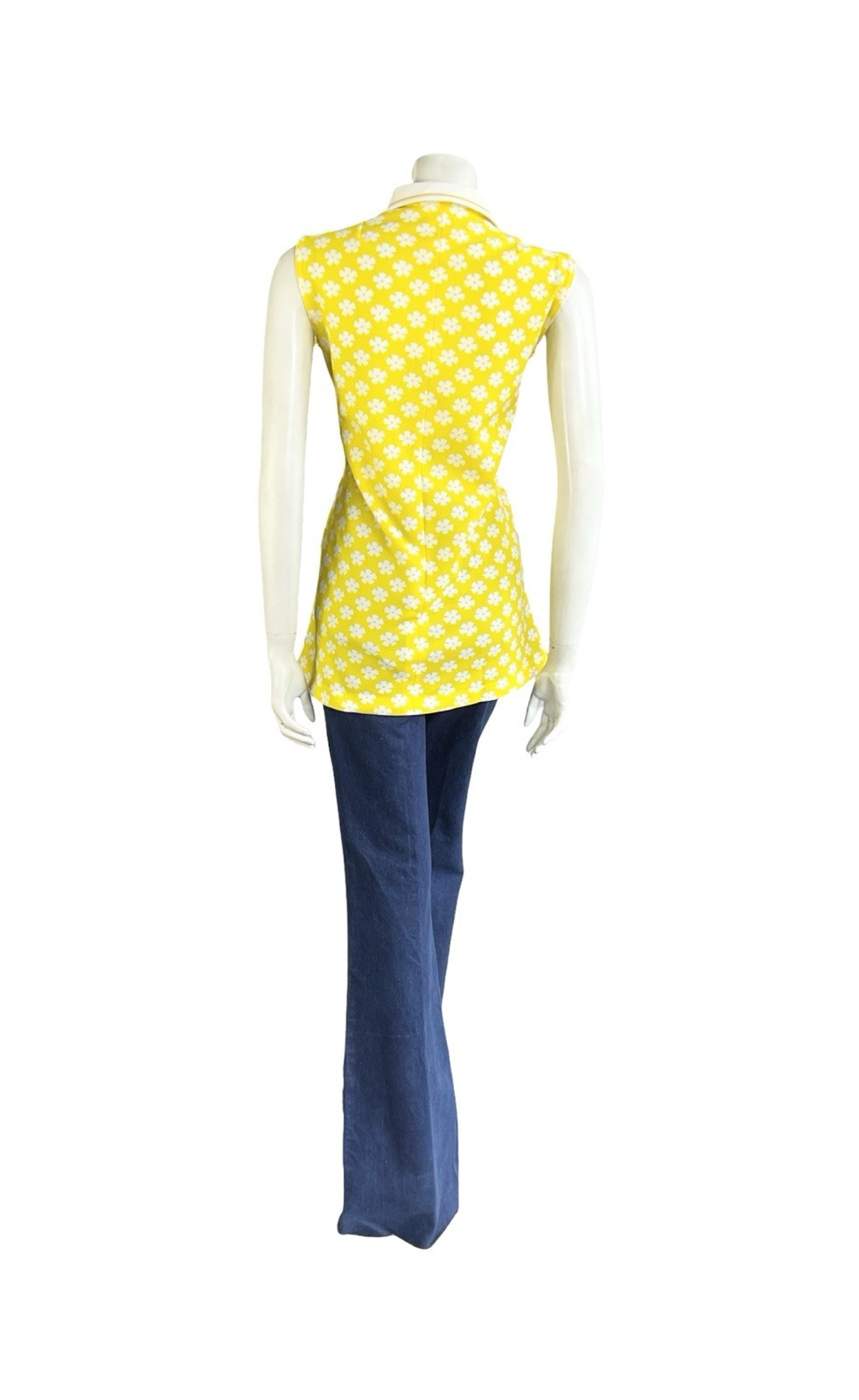 VTG 60S 70S YELLOW WHITE MOD DAISY FLORAL DAGGER COLLAR TANK SHIRT 12 14 M