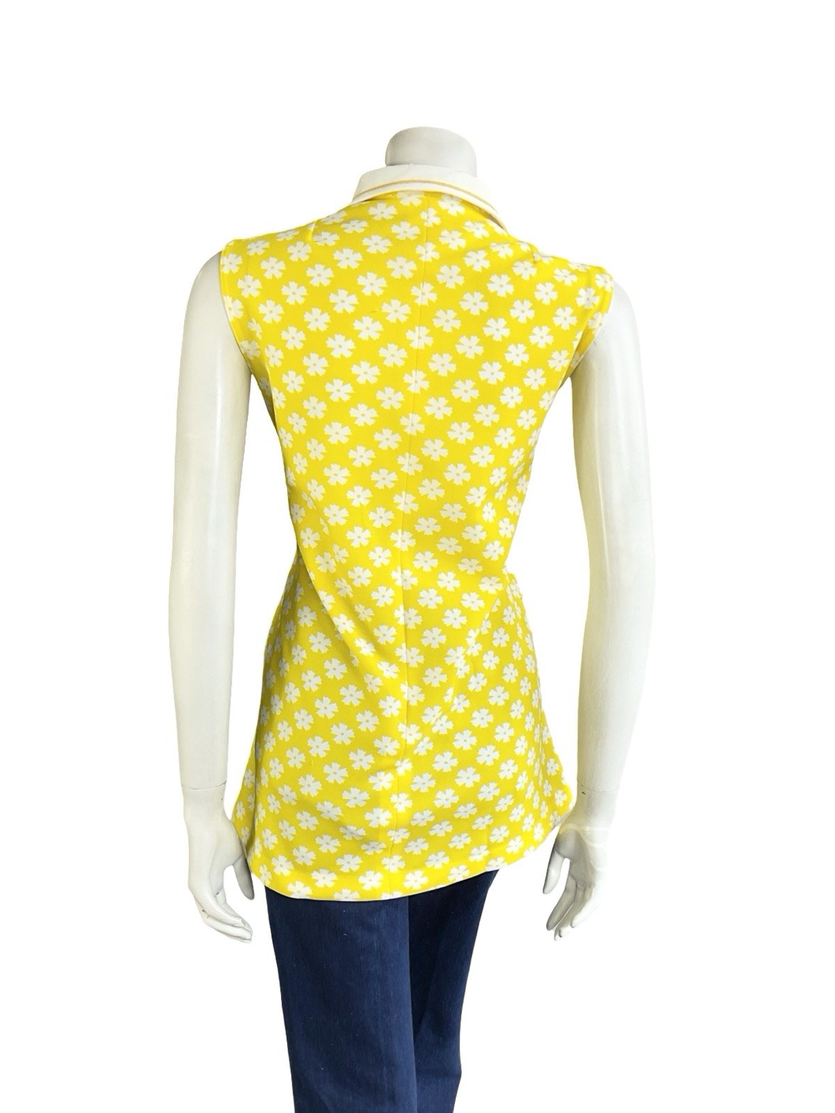 VTG 60S 70S YELLOW WHITE MOD DAISY FLORAL DAGGER COLLAR TANK SHIRT 12 14 M