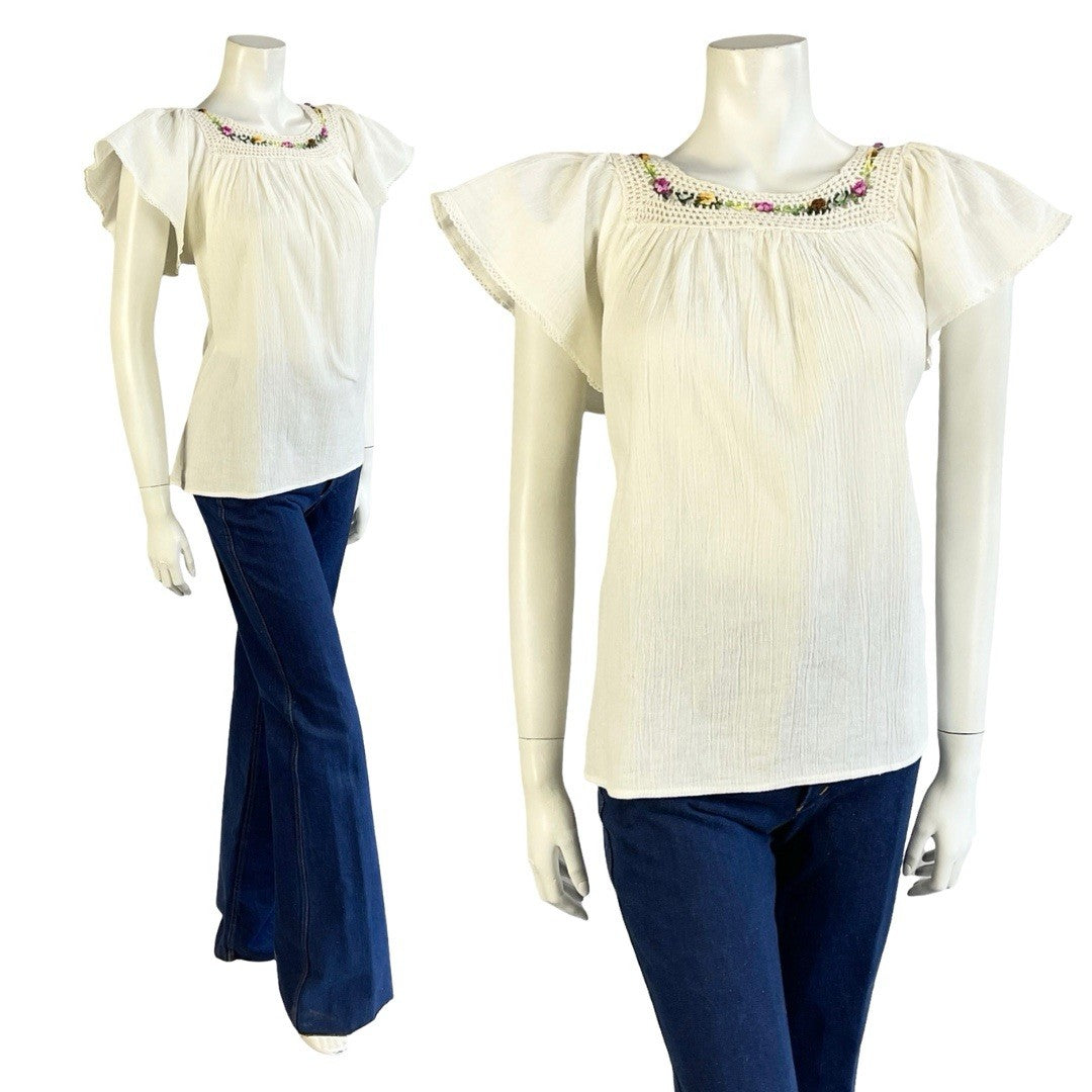 VTG 60S 70S BOHO FOLK CREAM NATURAL COTTON PINK GREEN CROCHETED FLORAL BLOUSE 14