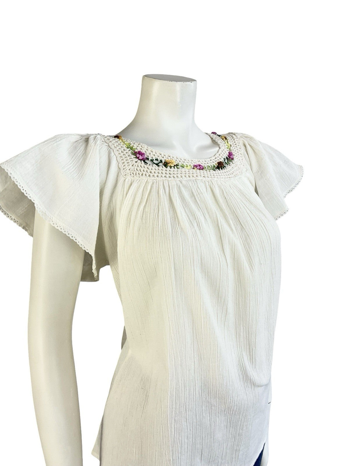 VTG 60S 70S BOHO FOLK CREAM NATURAL COTTON PINK GREEN CROCHETED FLORAL BLOUSE 14
