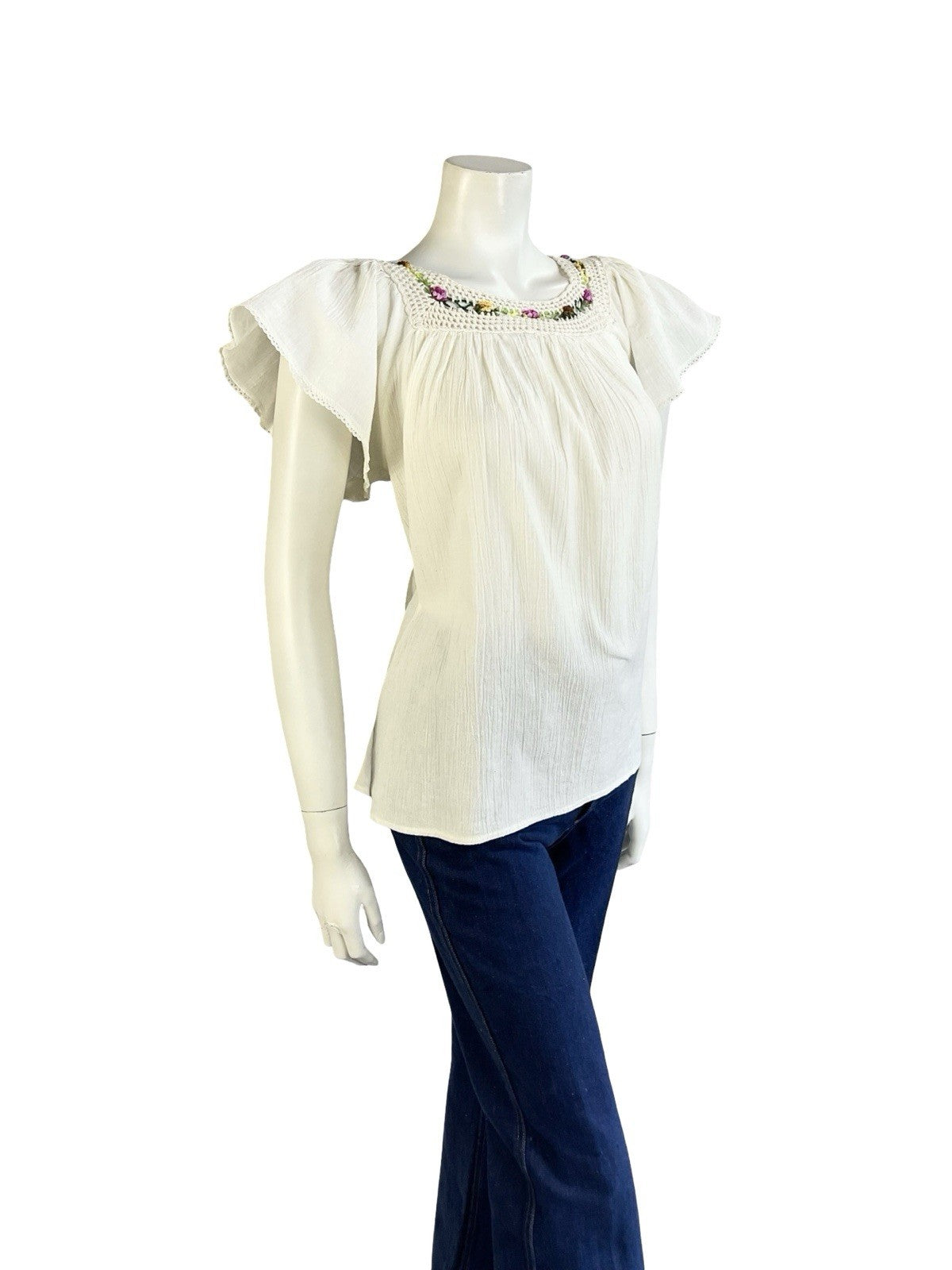 VTG 60S 70S BOHO FOLK CREAM NATURAL COTTON PINK GREEN CROCHETED FLORAL BLOUSE 14