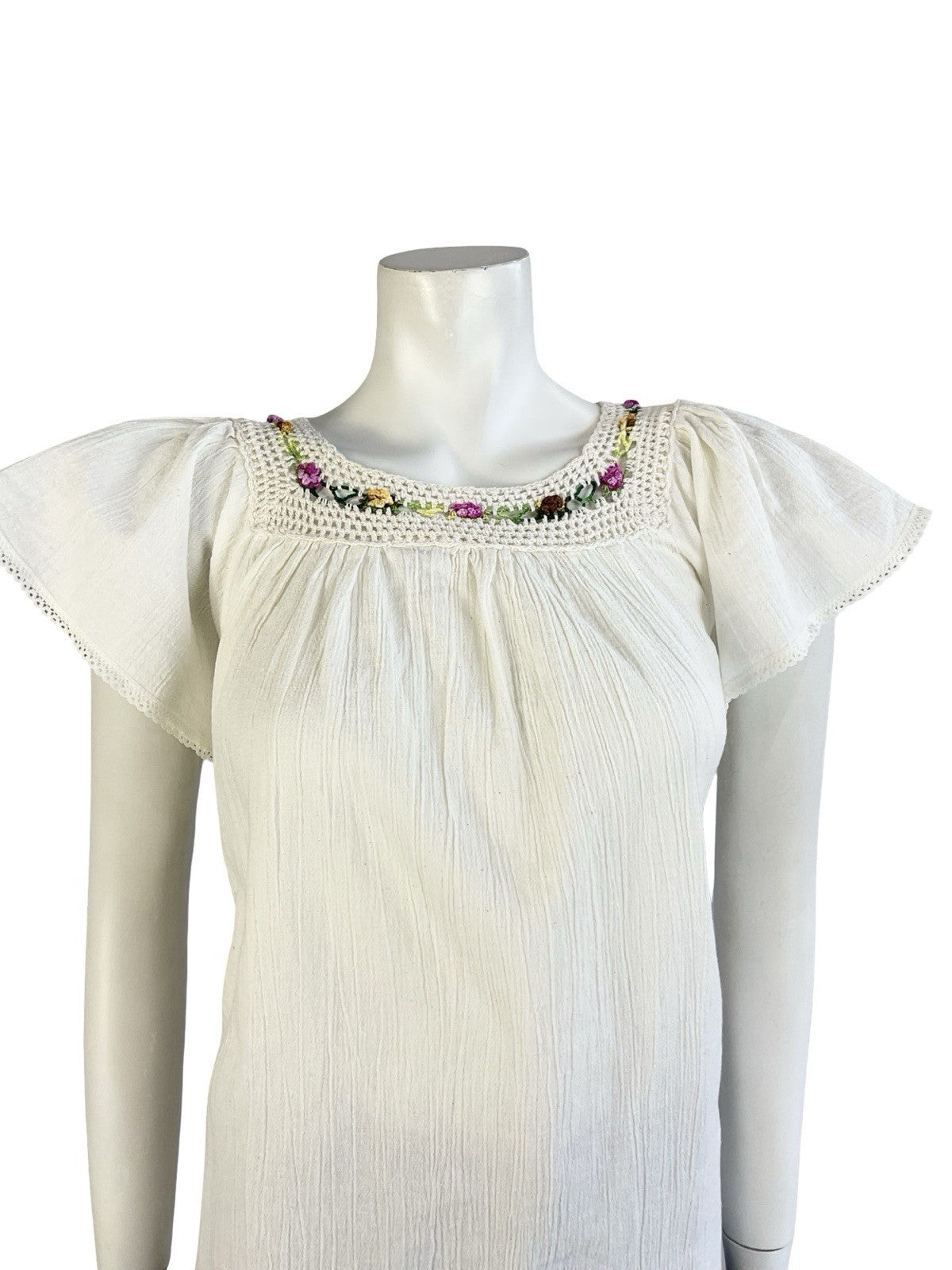 VTG 60S 70S BOHO FOLK CREAM NATURAL COTTON PINK GREEN CROCHETED FLORAL BLOUSE 14