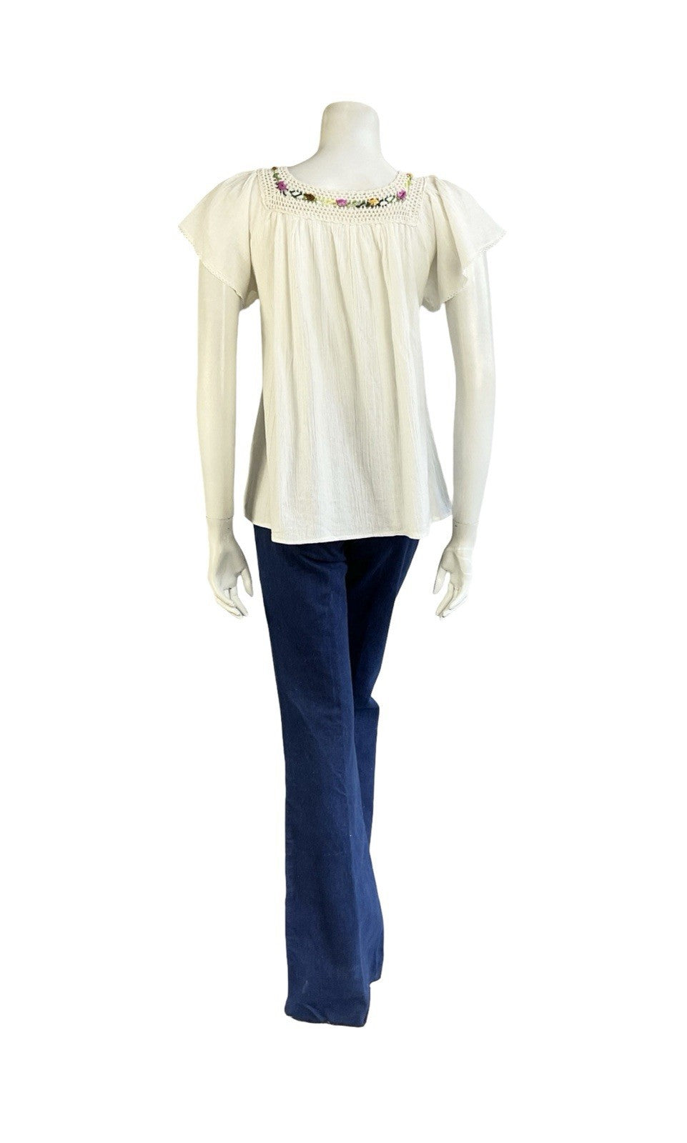 VTG 60S 70S BOHO FOLK CREAM NATURAL COTTON PINK GREEN CROCHETED FLORAL BLOUSE 14